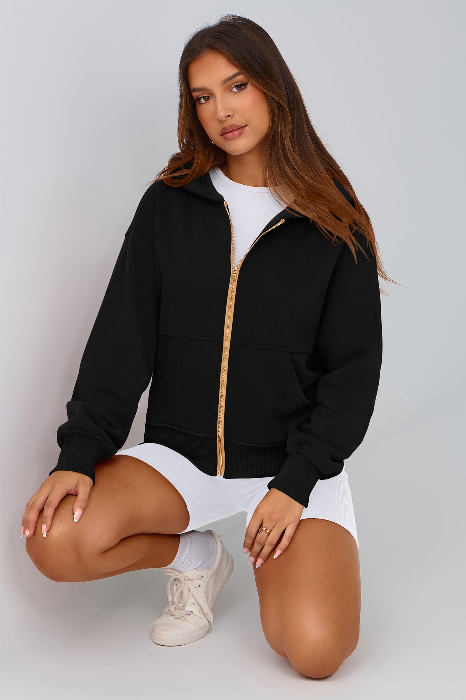 Hoodies for Women Fall Fashion Zip Up Fleece Plain Sweatshirt