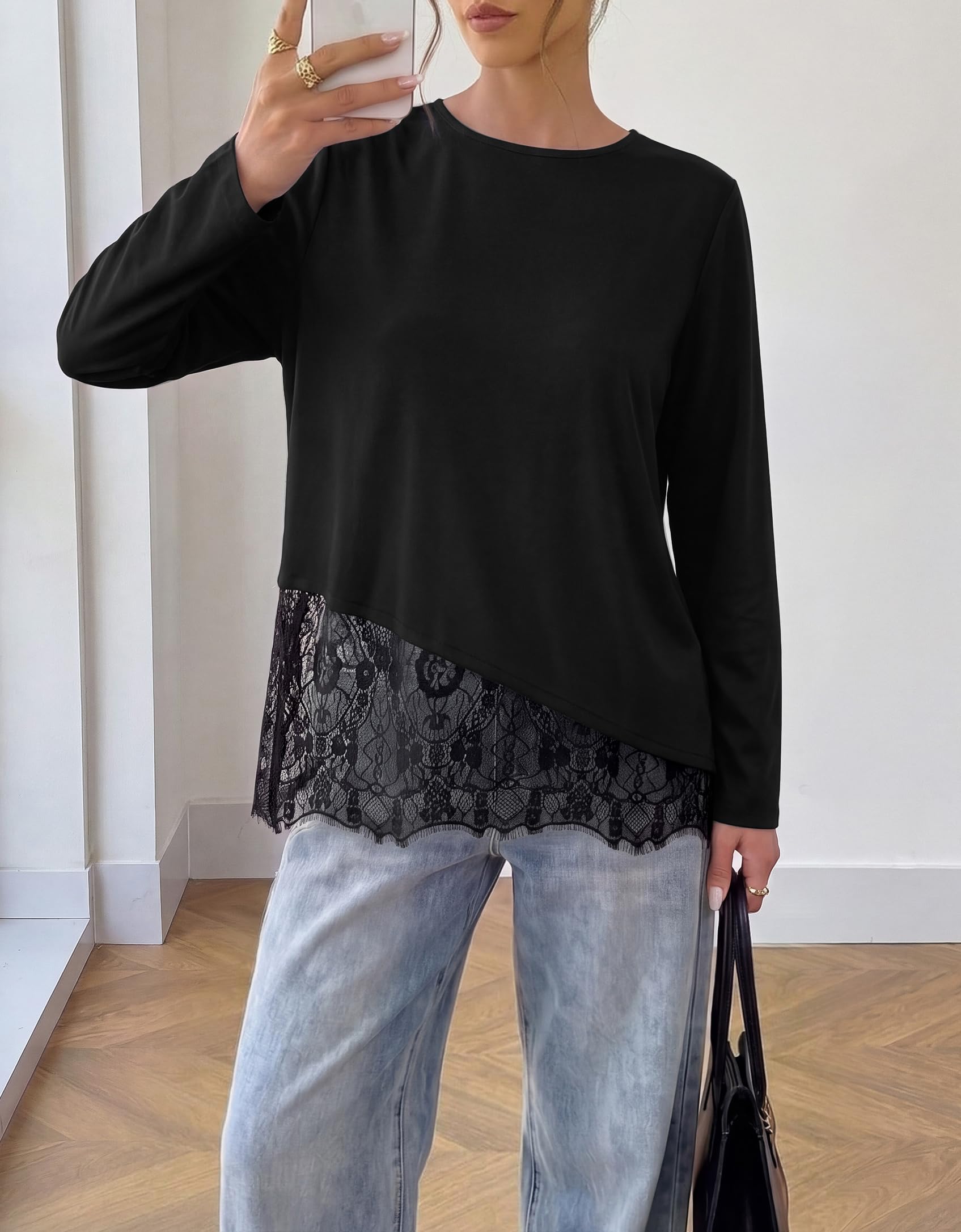 Women's Lace Patchwork Long Sleeve Shirts,Black,S