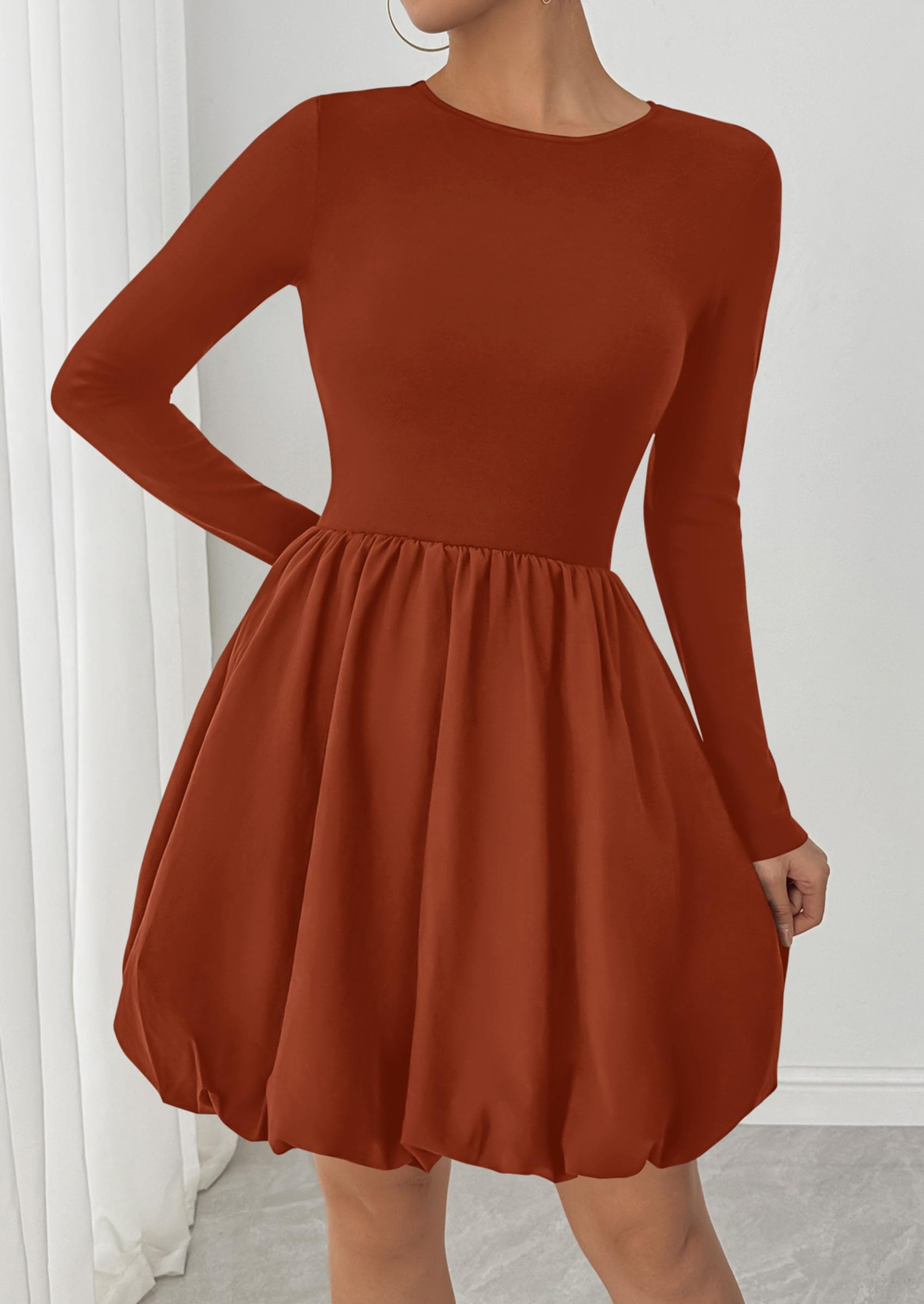 Fall Dresses for Women 2026 Bubble Mini Dress,Brick Red,S