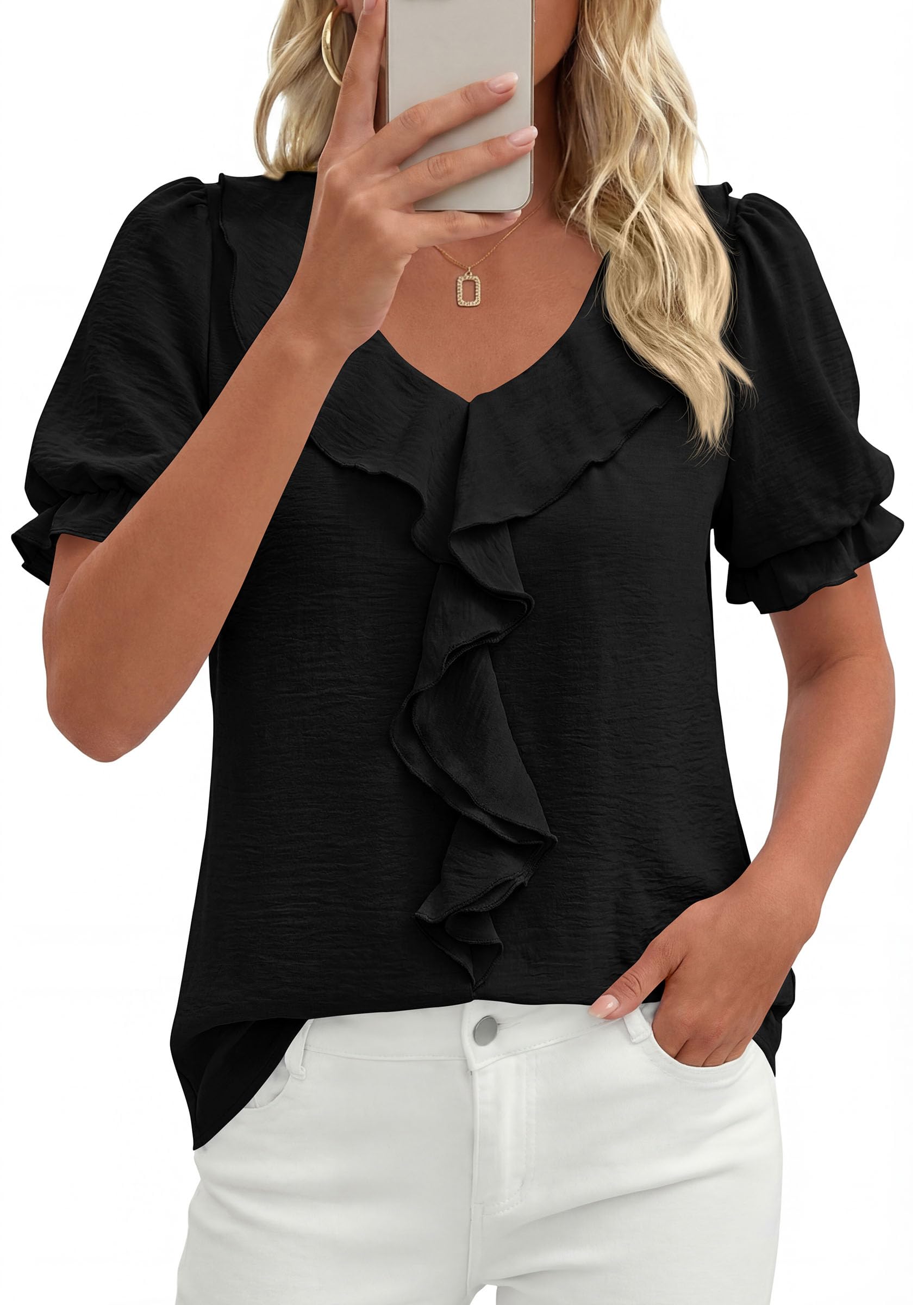 Women's Summer Ruffle Dressy Casual Blouses (Black,S)