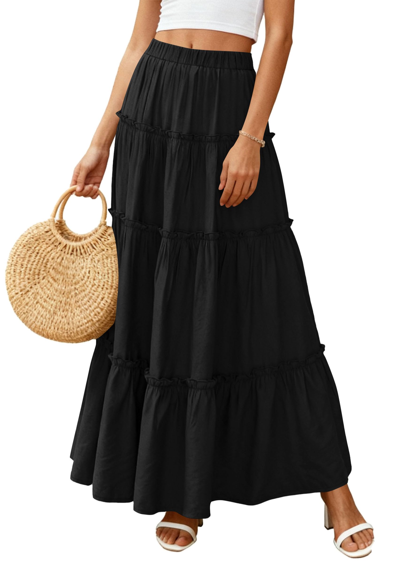 Women's Boho Tiered Ruffle Flowy Maxi Skirt, Black,S