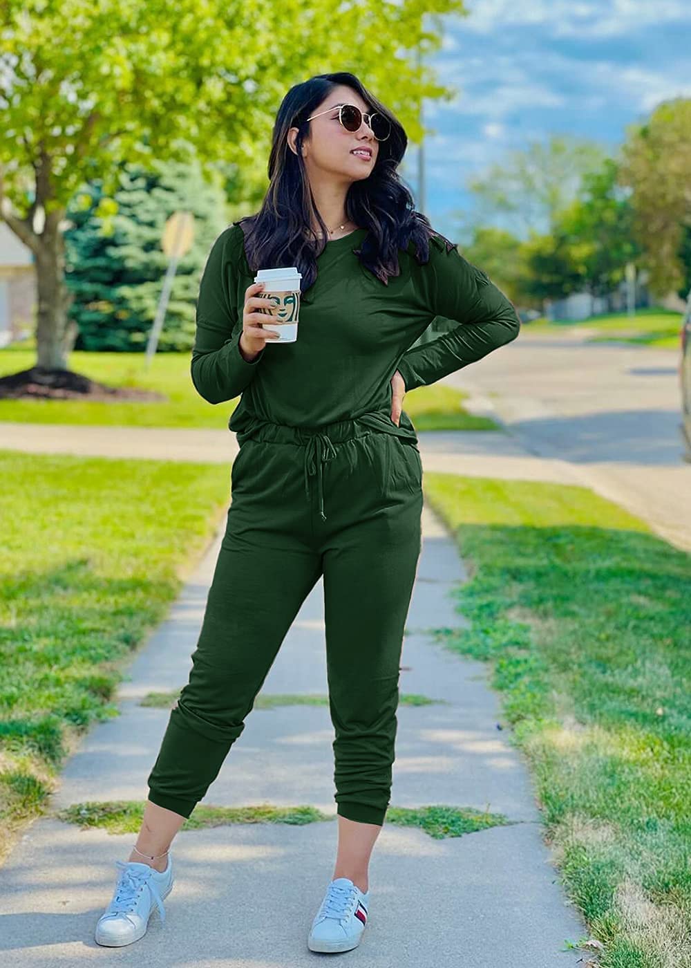 Travel Outfit Women 2 Piece Lounge Sets, Dark Green,S