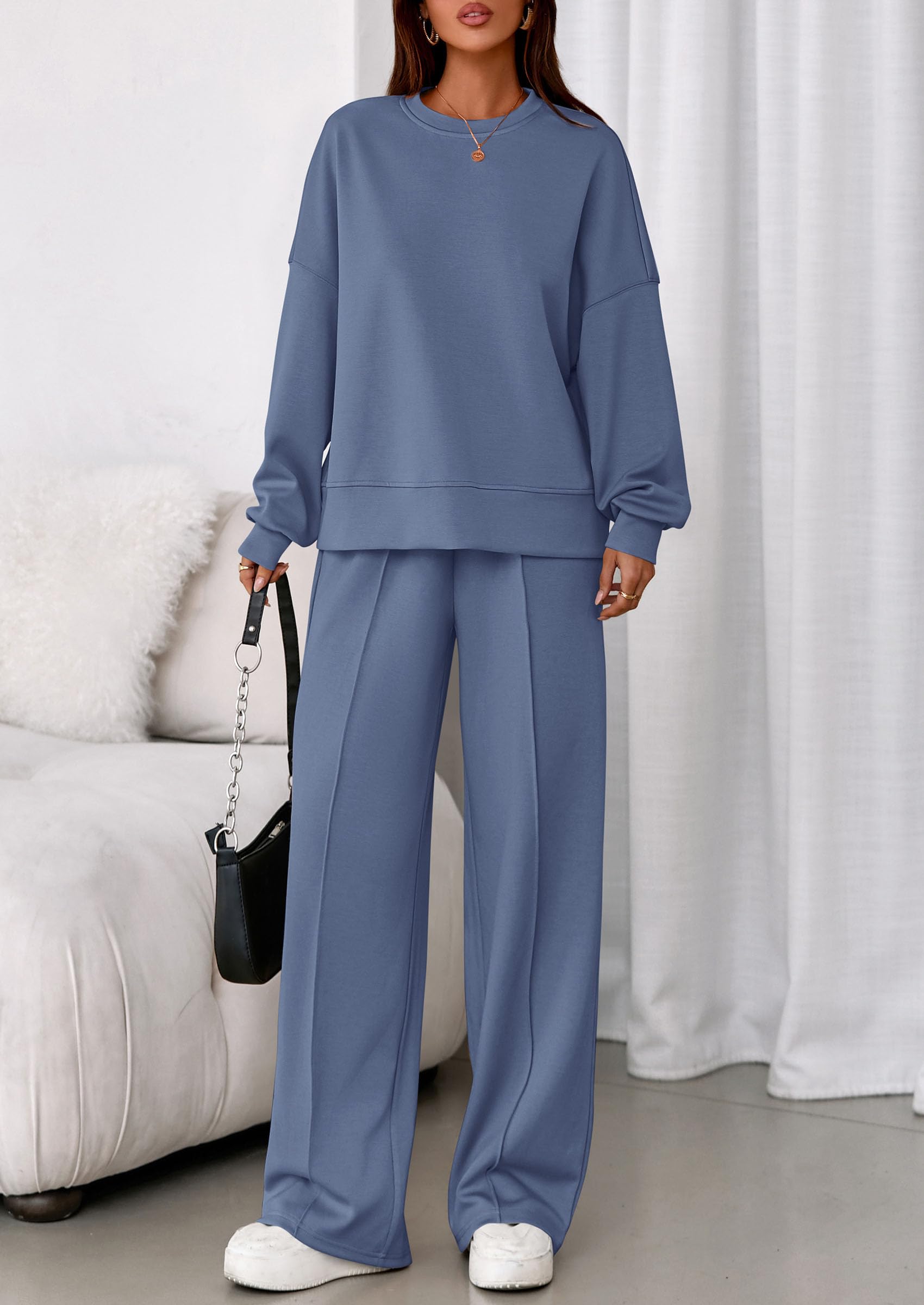 Womens Long Sleeve Sweatshirt 2 Piece Sets,Grey Blue,L
