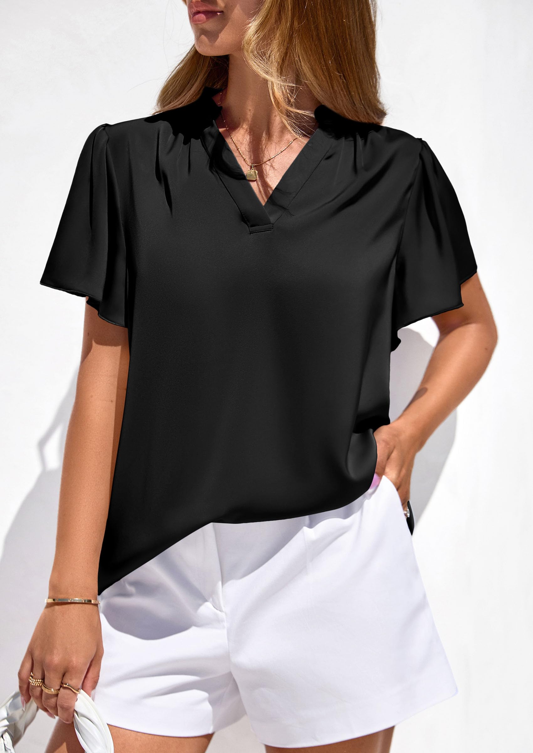Women's Summer Satin Dressy Casual Blouses (Black,S)
