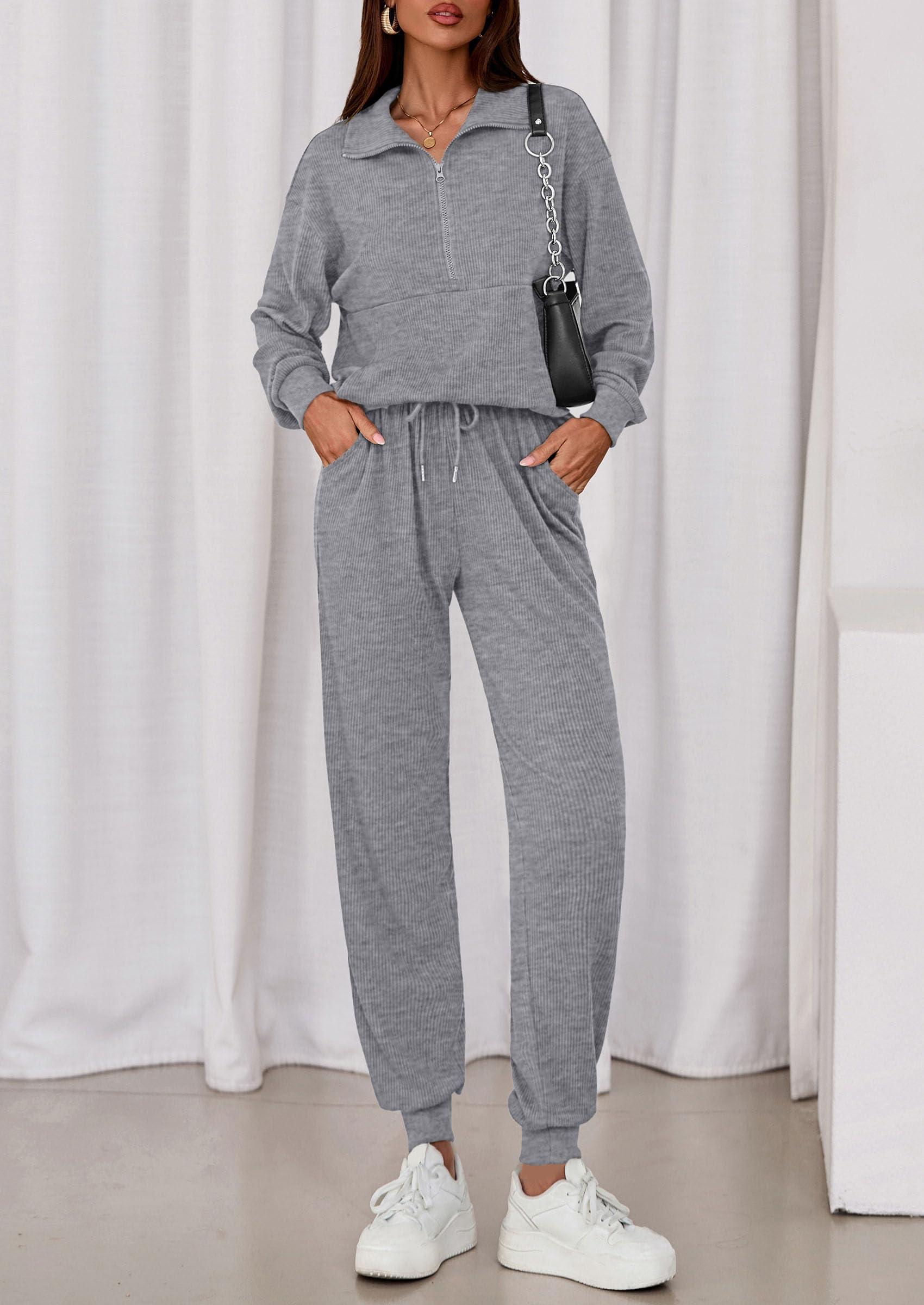 Airport Travel Outfit Women Ribbed Knit Matching Lounge Sets