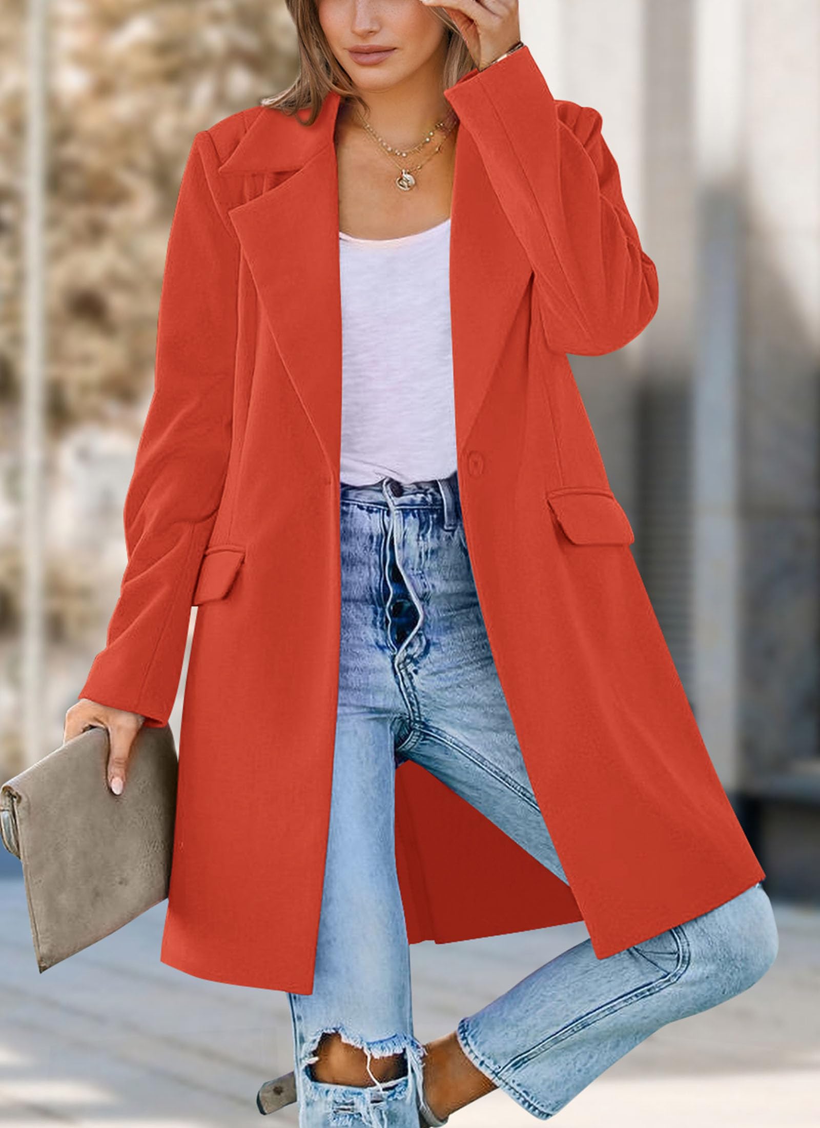 Women's Business Casual Long Blazer Jackets(Orange Red,S)