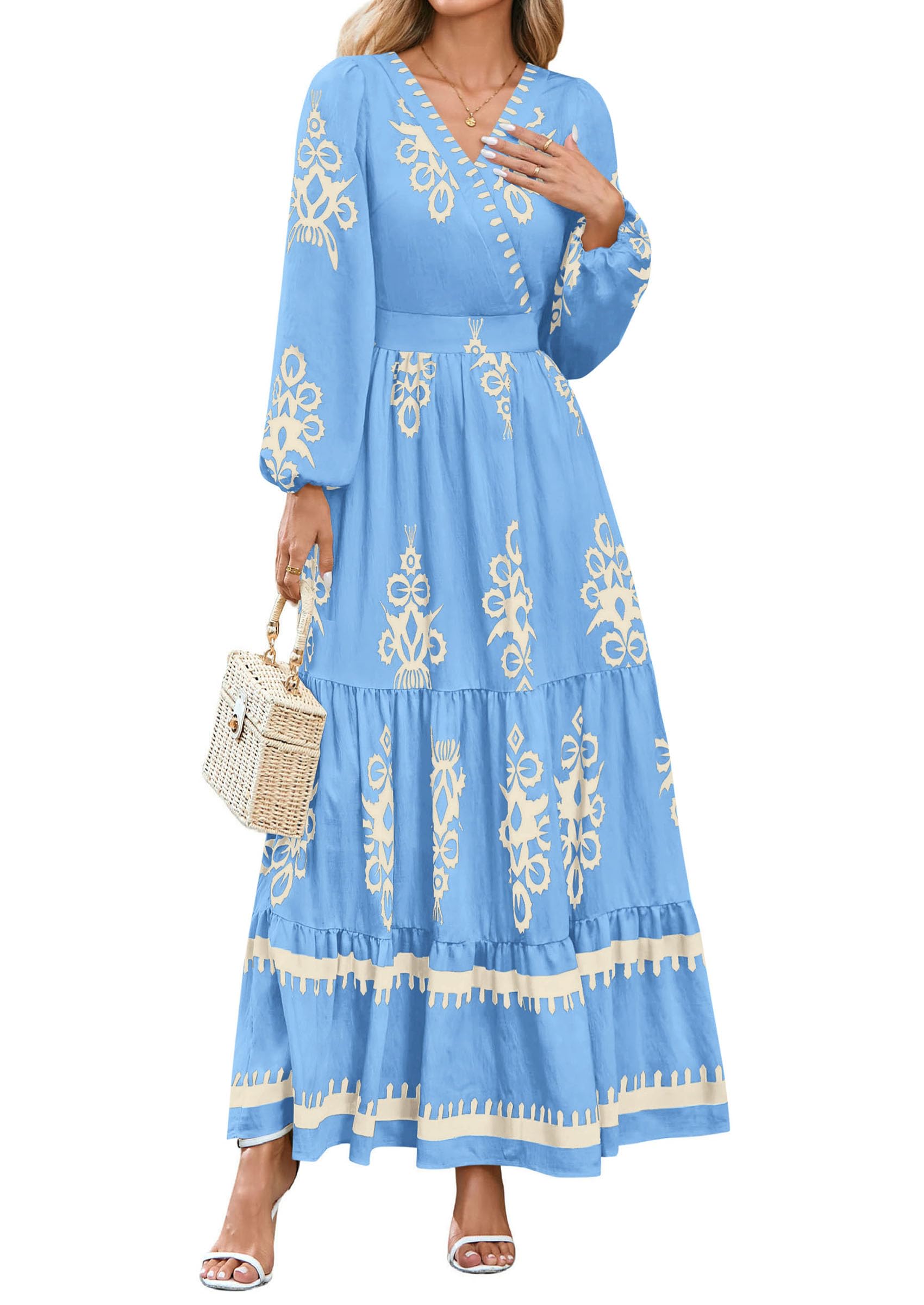 Women's Long Sleeve Floral Boho Maxi Wedding Guest Dress