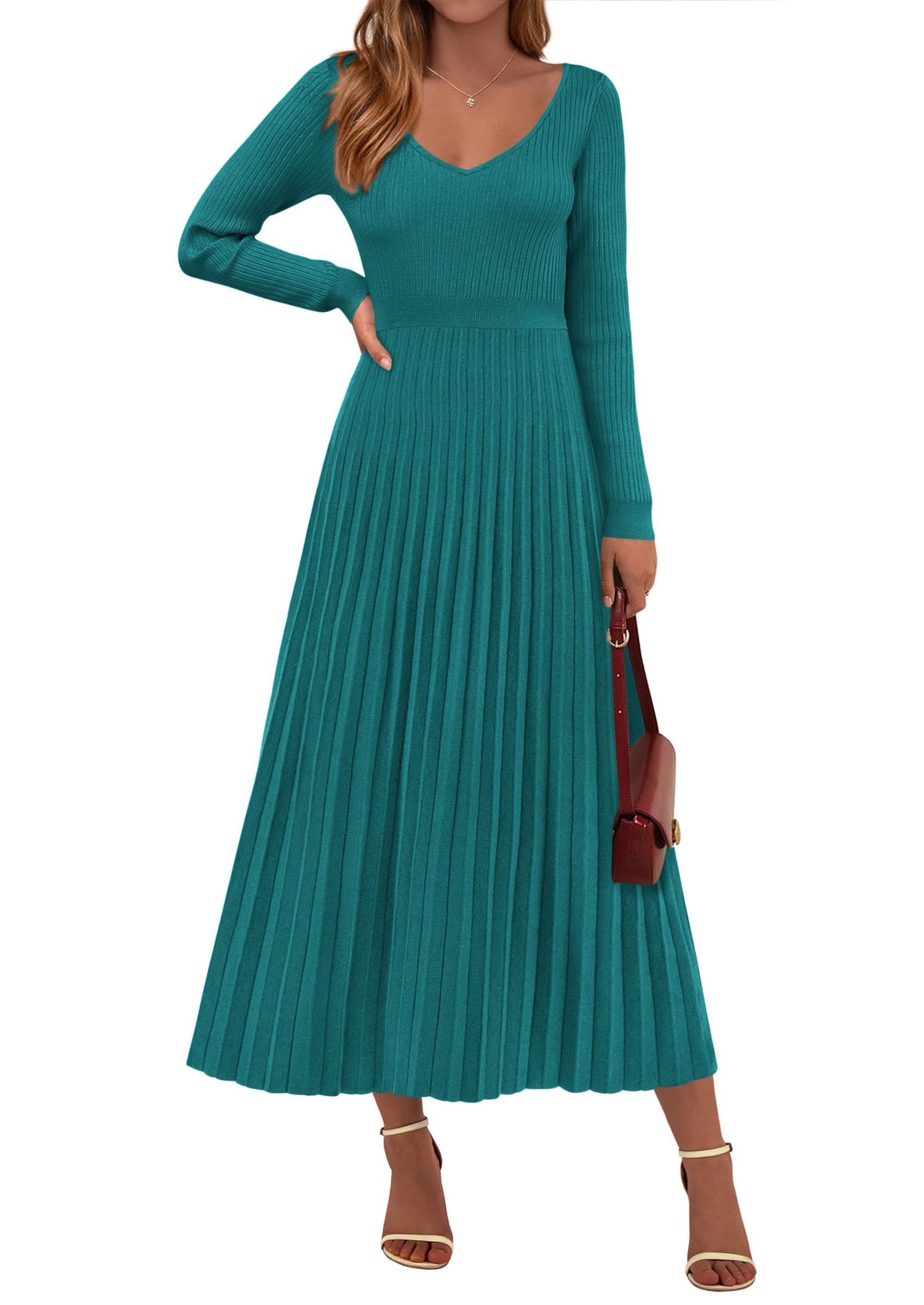 Sweater Dress Women Long Sleeve Maxi Flowy Pleated Dresses