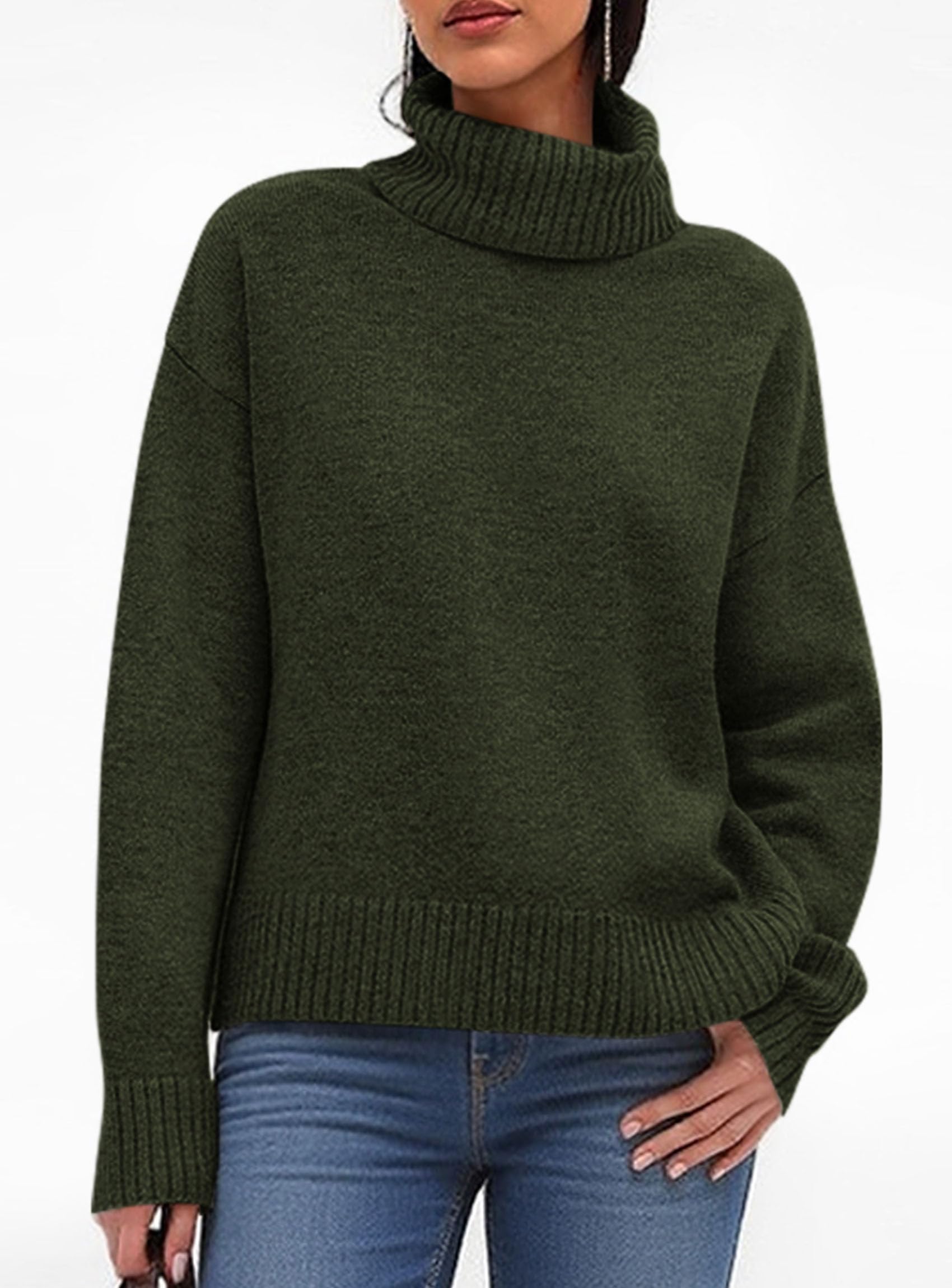 Womens Turtleneck Long Sleeve Knit Sweater,Army Green,S