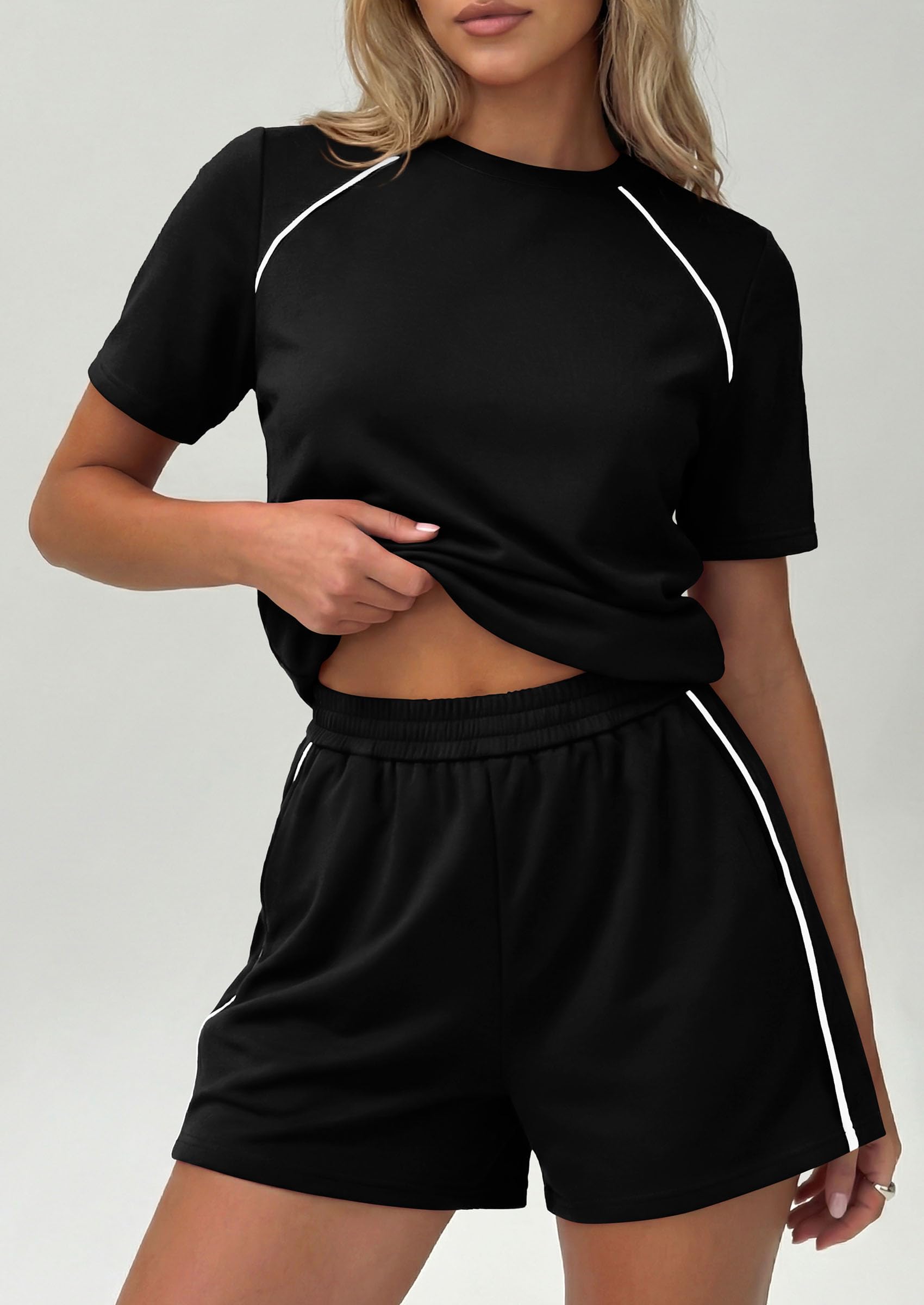 Womens 2 Piece Short Sets Casual Summer Outfits, Black,S