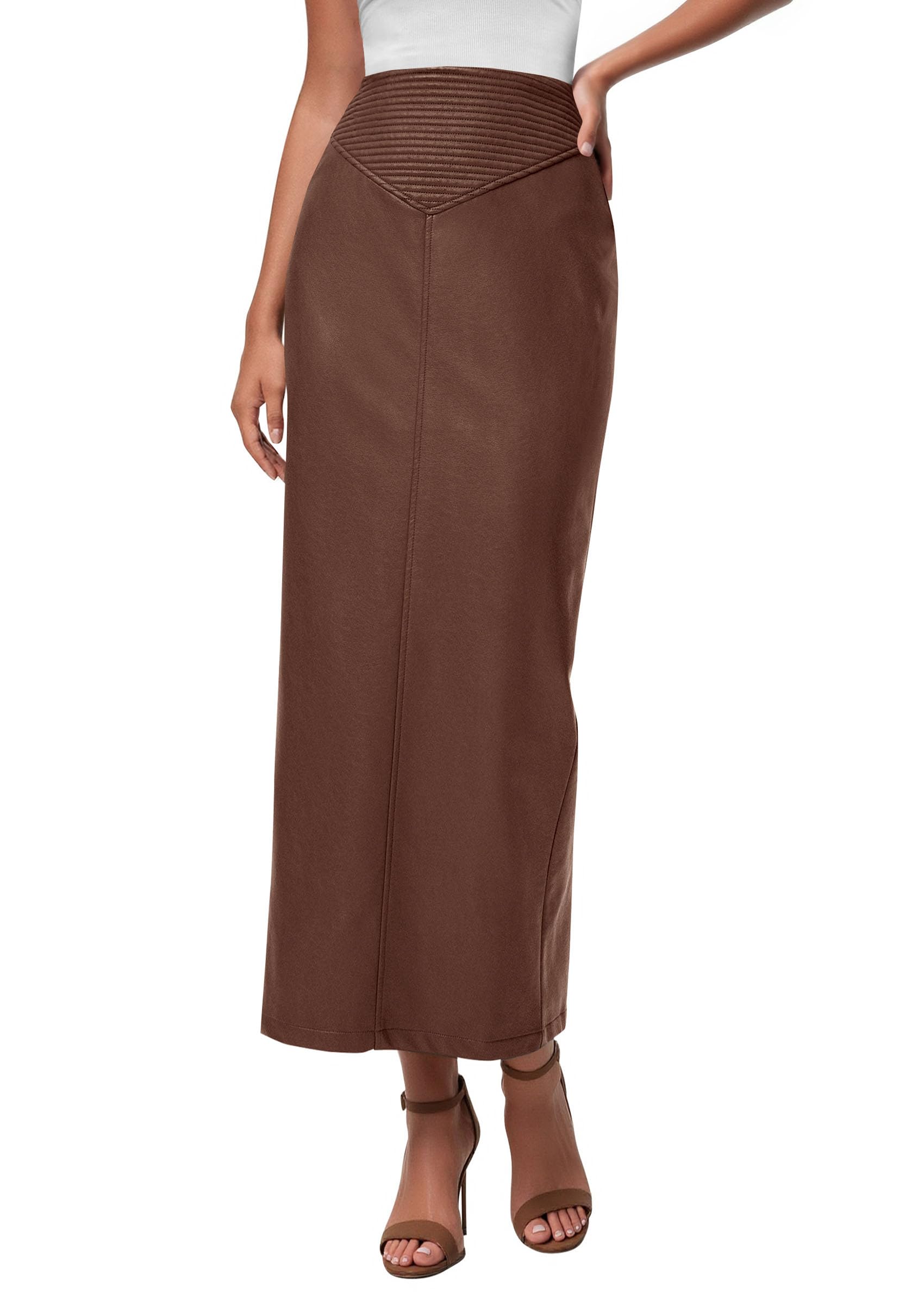 Women's Faux Leather High Waisted Maxi Skirts,Brown,XS