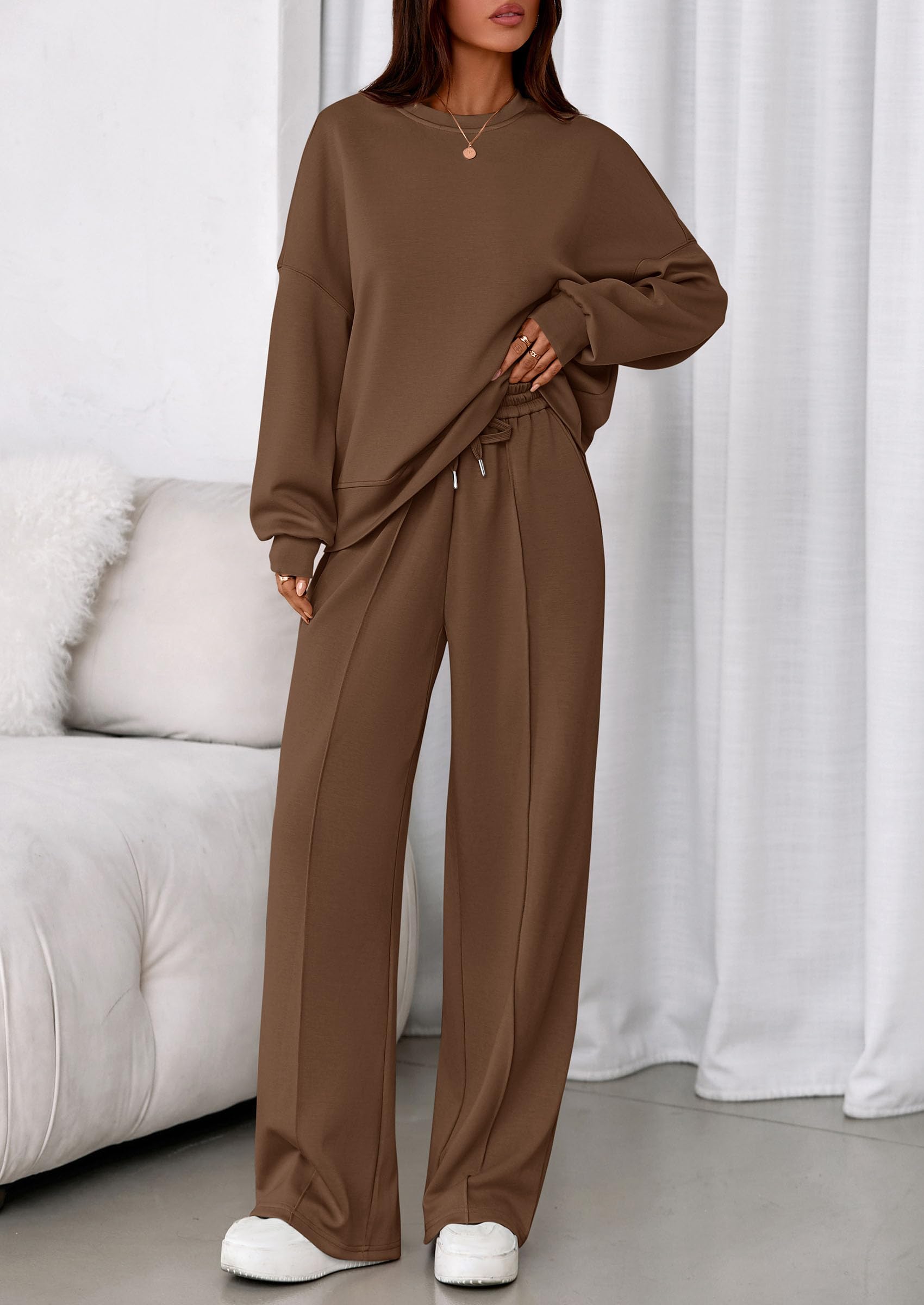 Womens Long Sleeve Sweatshirt 2 Piece Sets,Brown,S