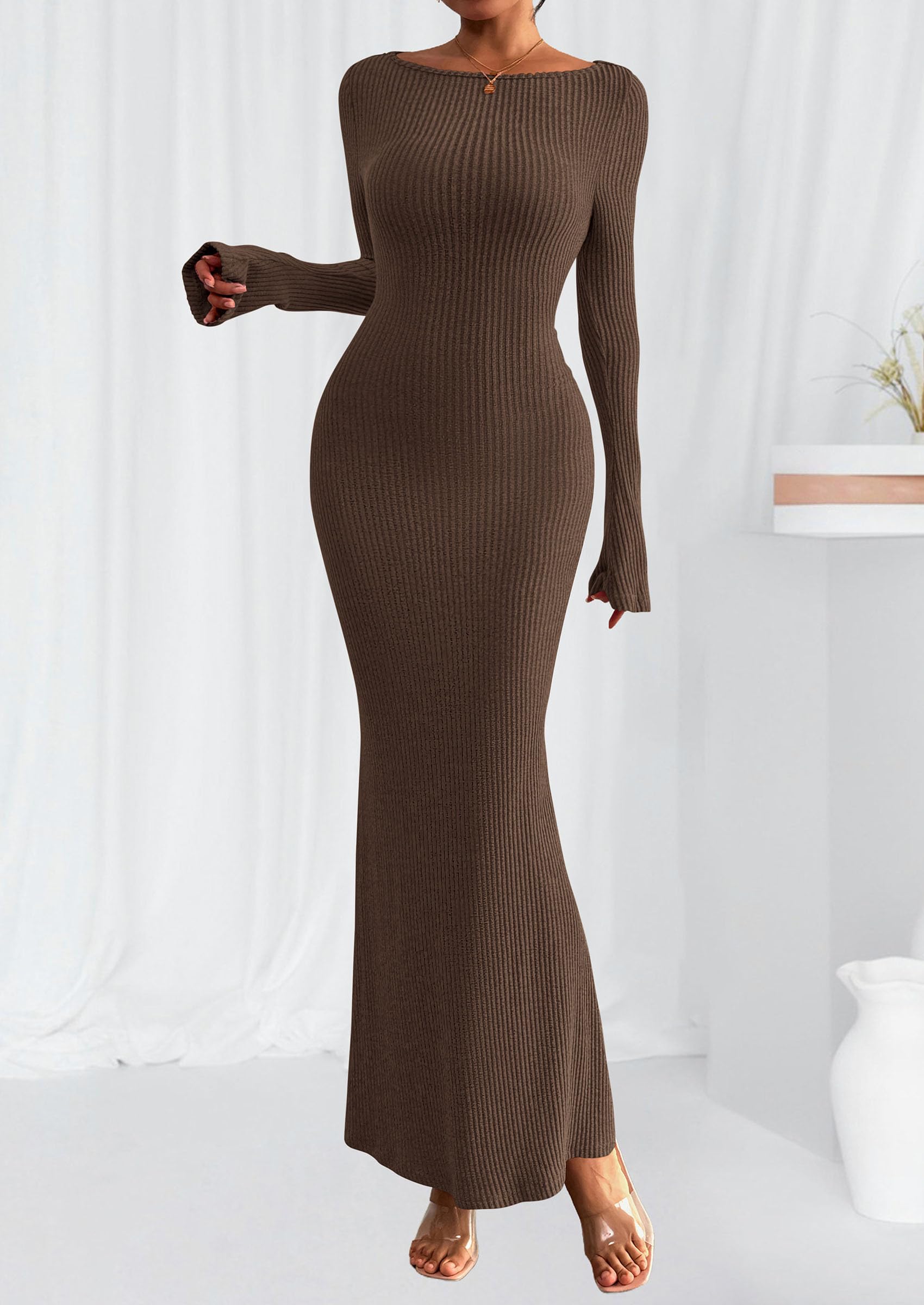 Women's Fall Long Sleeve Bodycon Maxi Dresses (Dark Brown,XS)