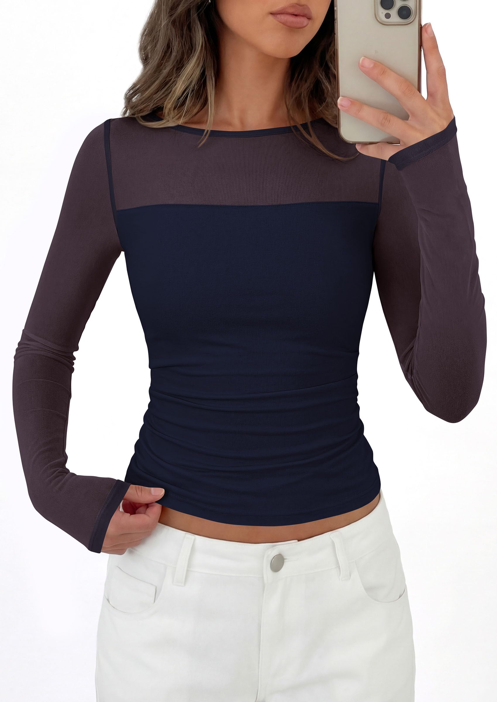 Women's Sheer Mesh Long Sleeve Going Out Tops (Navy Blue,S)