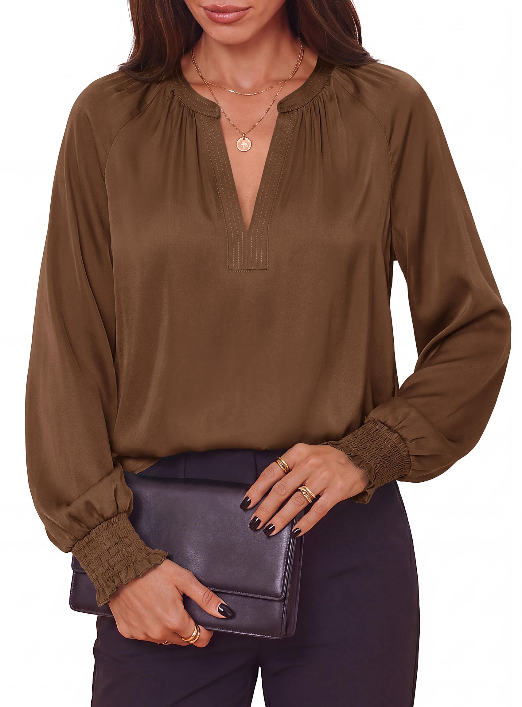 Women's Satin Blouses V Neck Long Sleeve Tops,Brown,S