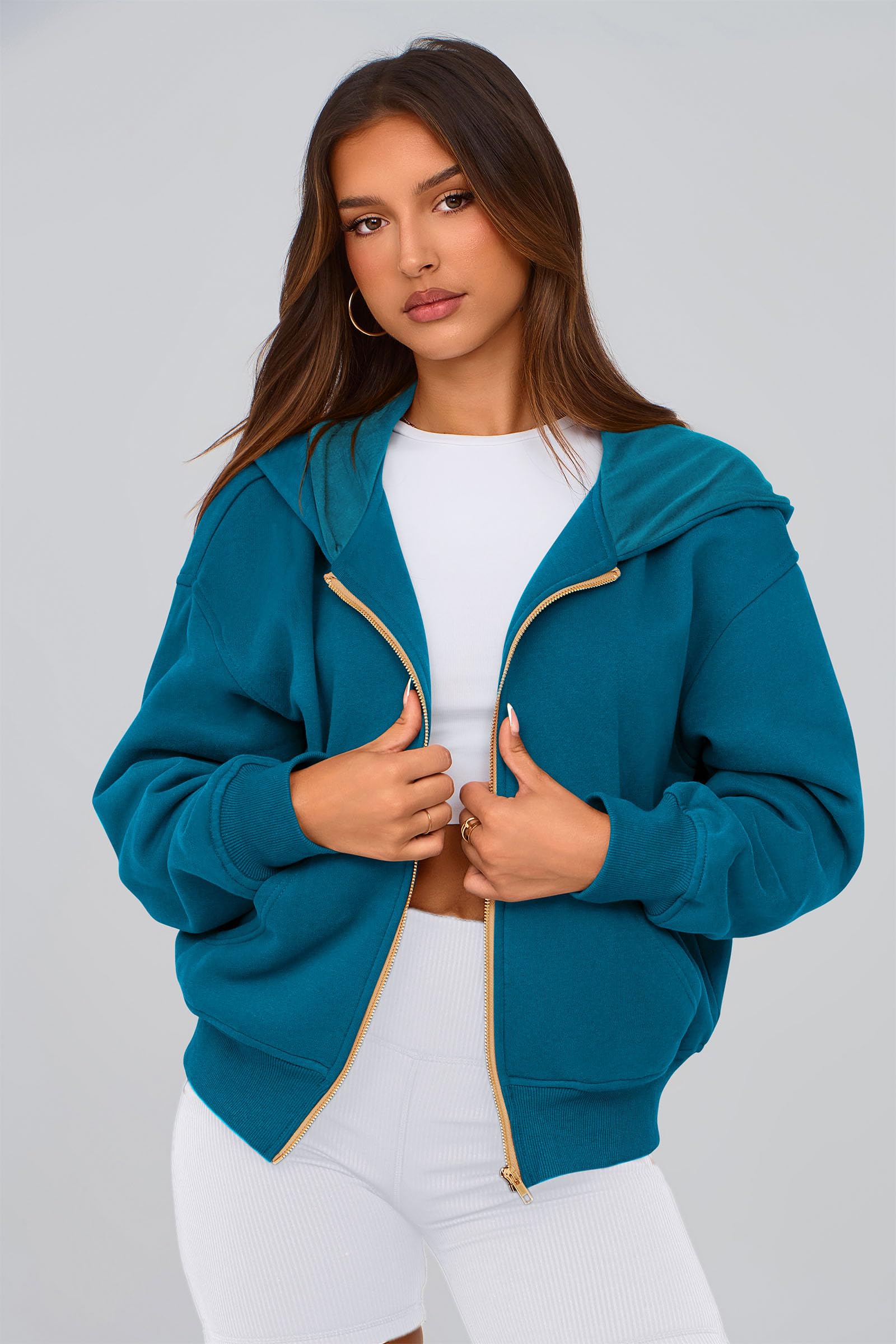 Hoodies for Women Fall Fashion Zip Up Fleece Plain Sweatshirt