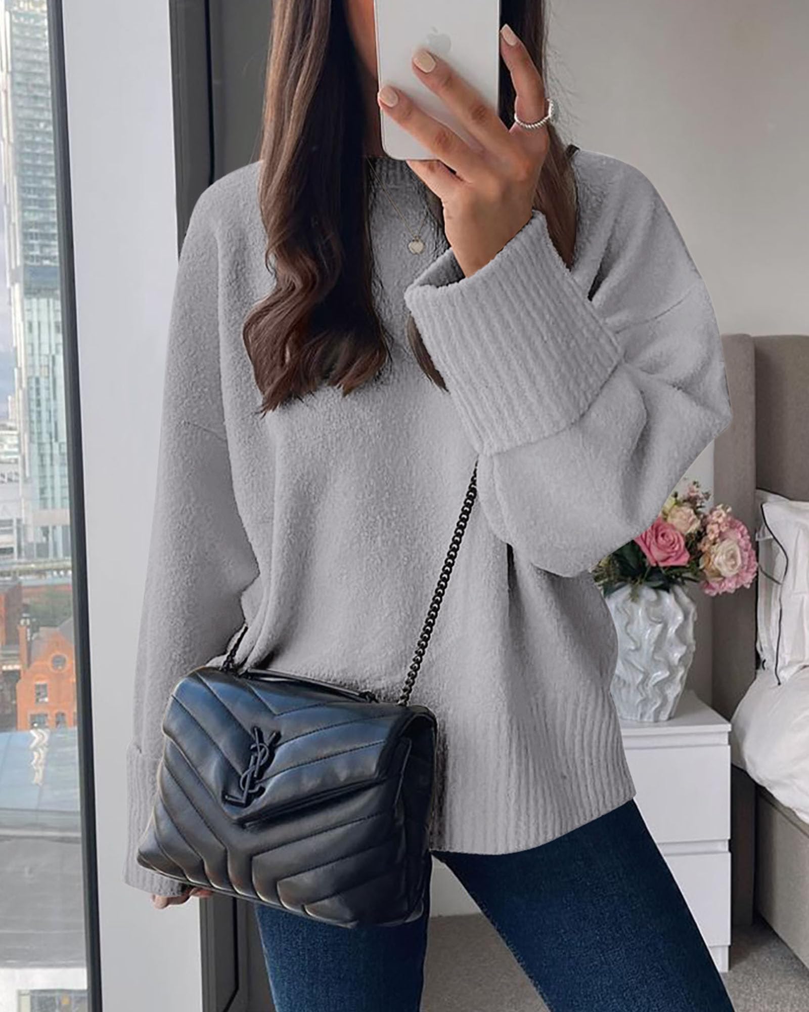 Women's Fall Fashion Cozy Oversized Sweaters(Light Grey,XS)