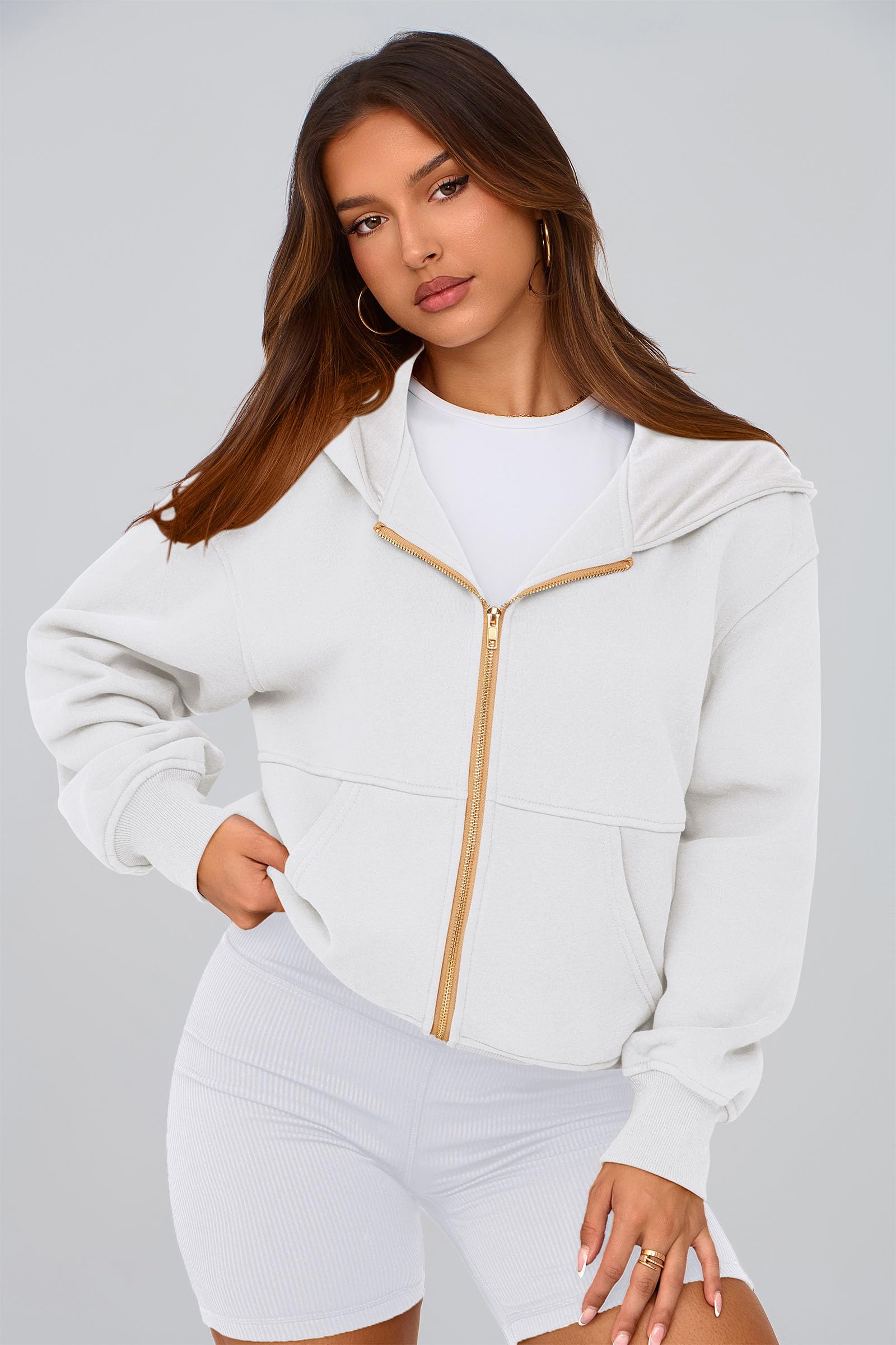 Hoodies for Women Fall Fashion Zip Up Fleece Plain Sweatshirt