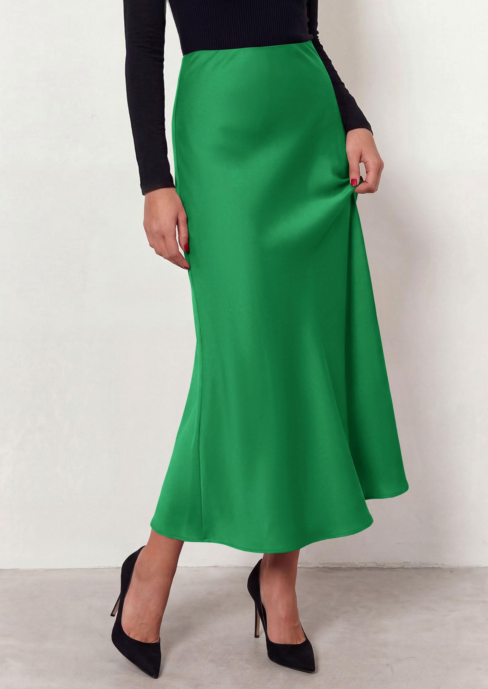 Women's Silk Satin Maxi Skirts Fall Clothes (Green,S)
