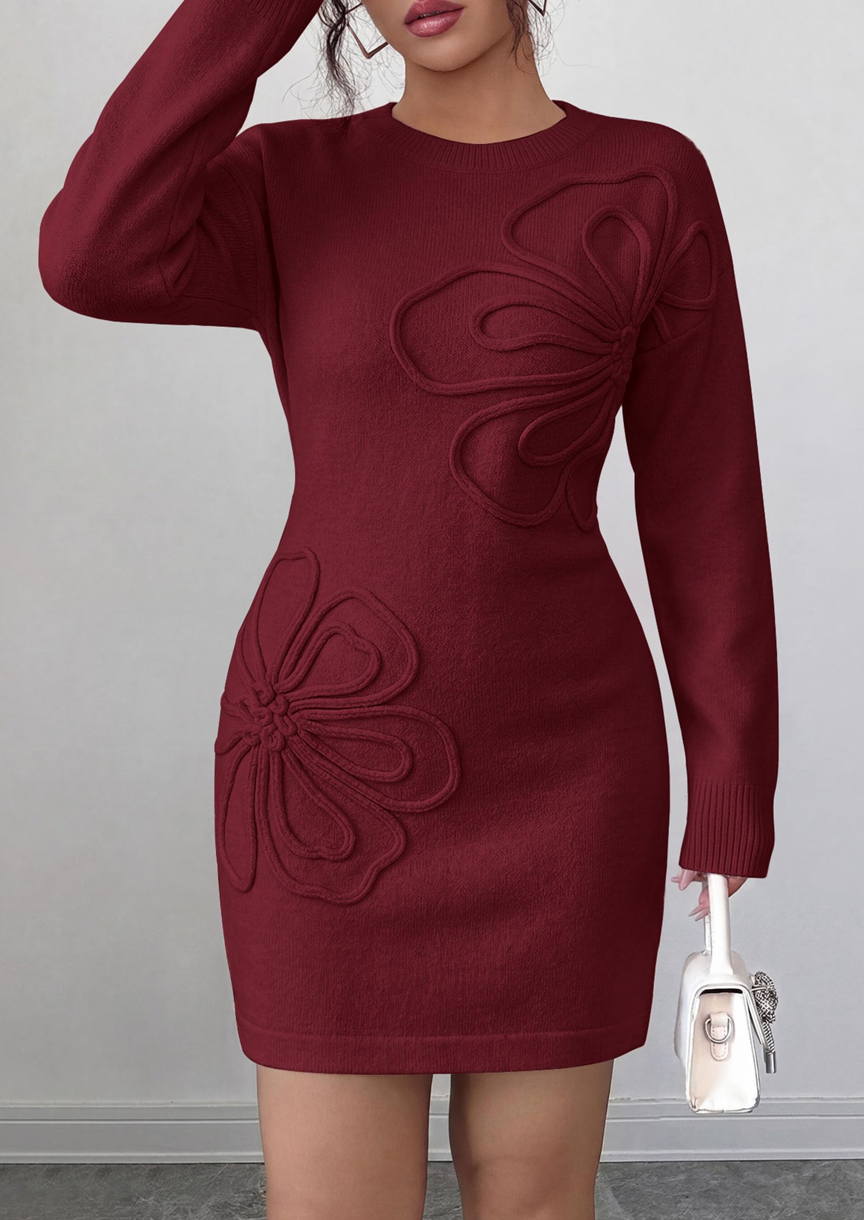 Women's Embroidered Long Sleeve Bodycon Mini Sweater Dress