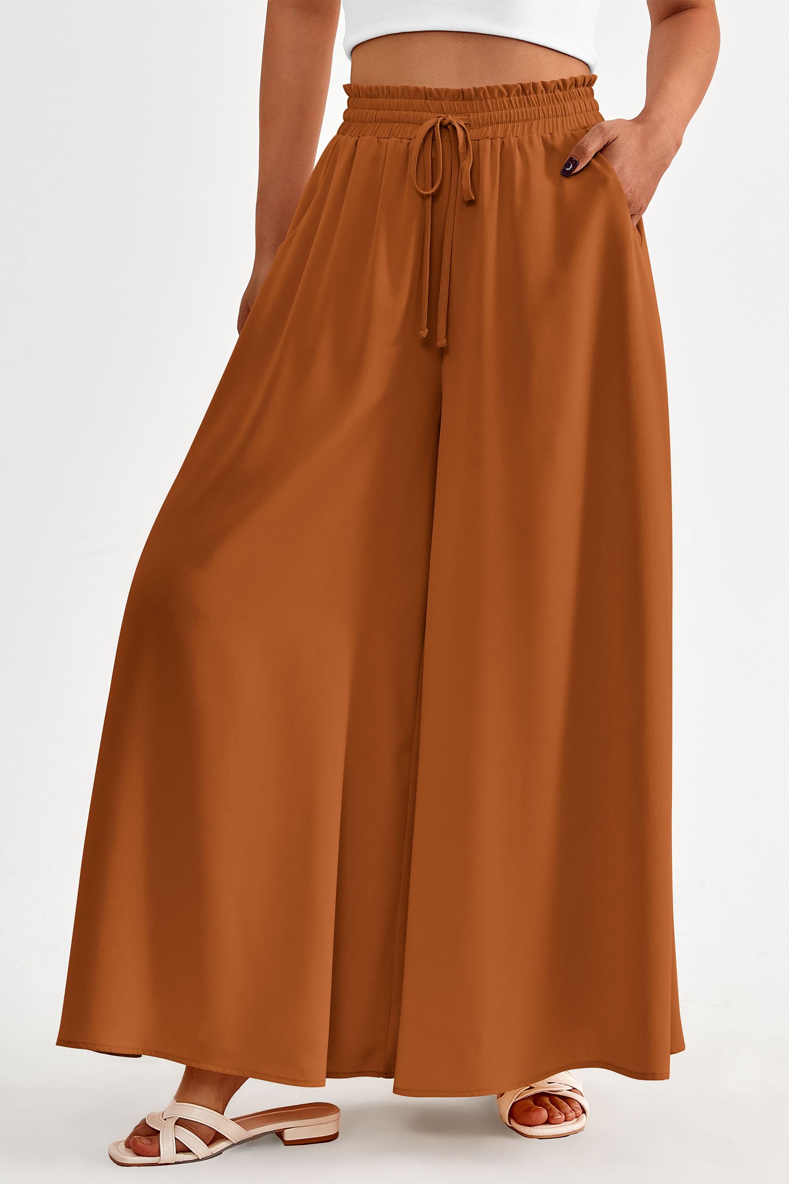 Summer Wide Leg Palazzo Pants for Women Casual,Brown,S