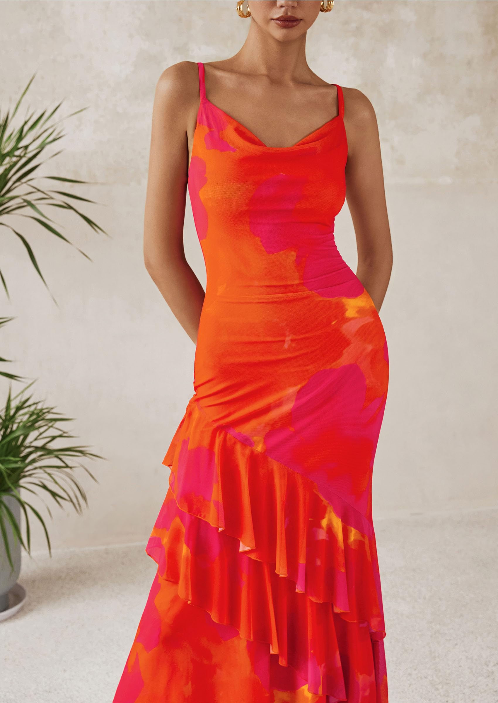 Women's Boho Floral Tiered Maxi Dress,Orange Red Big Floral,XS
