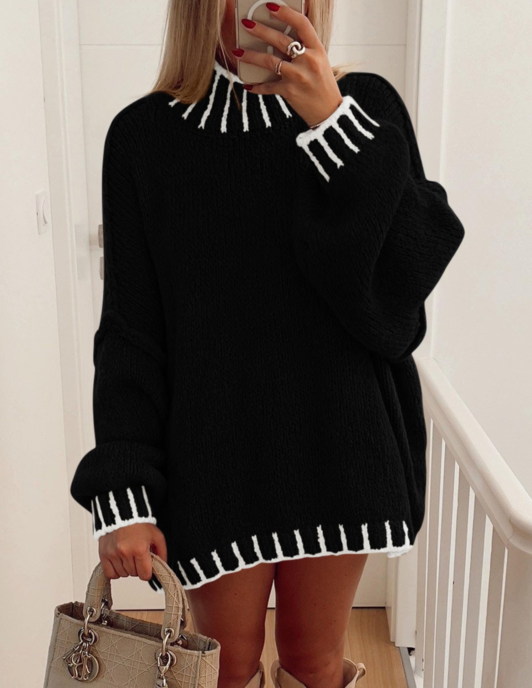 Women's Mock Neck Oversized Pullover Sweaters,Black,XS