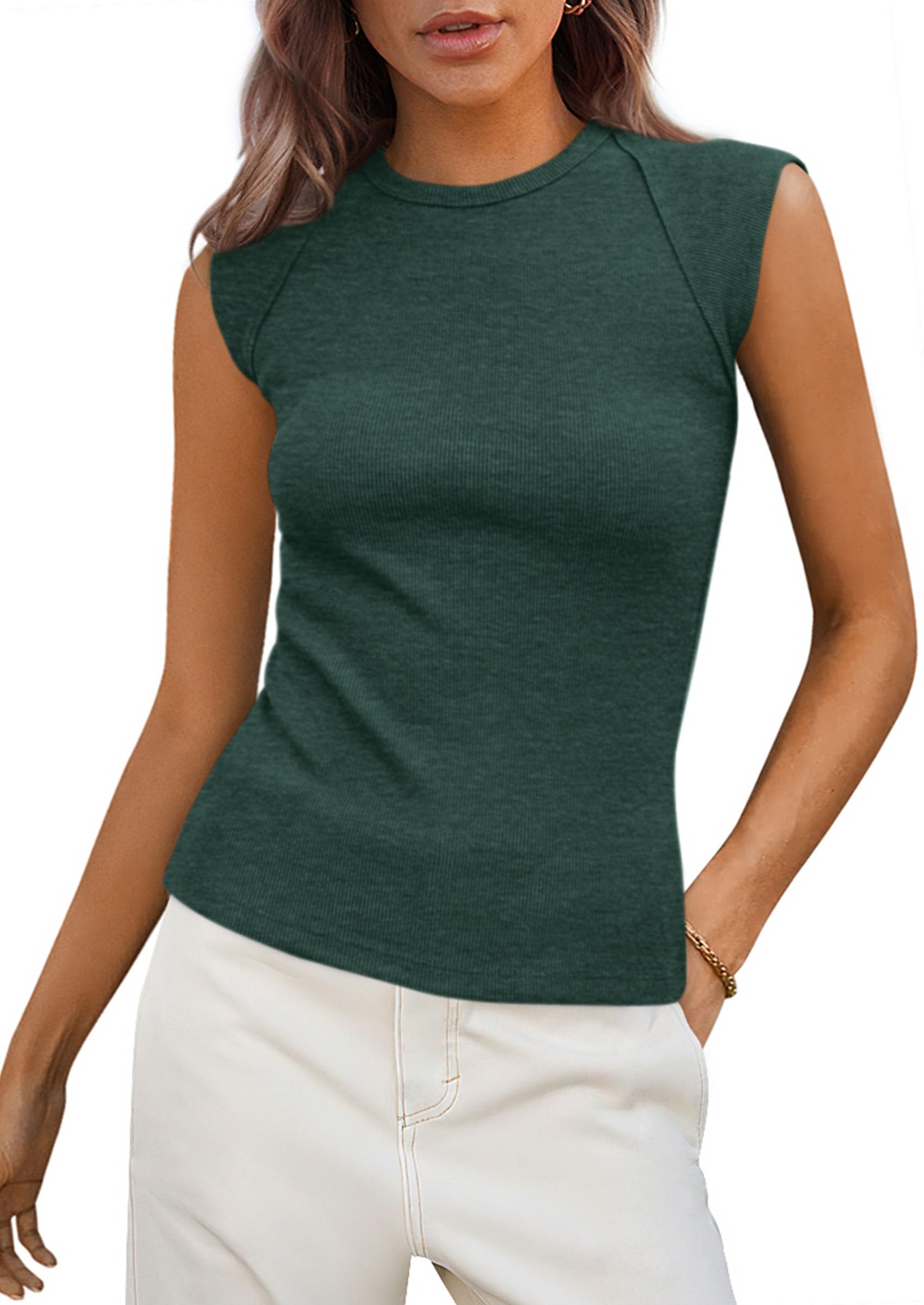 Women's Cap Sleeve Ribbed Tank Tops Summer, Dark Green,S