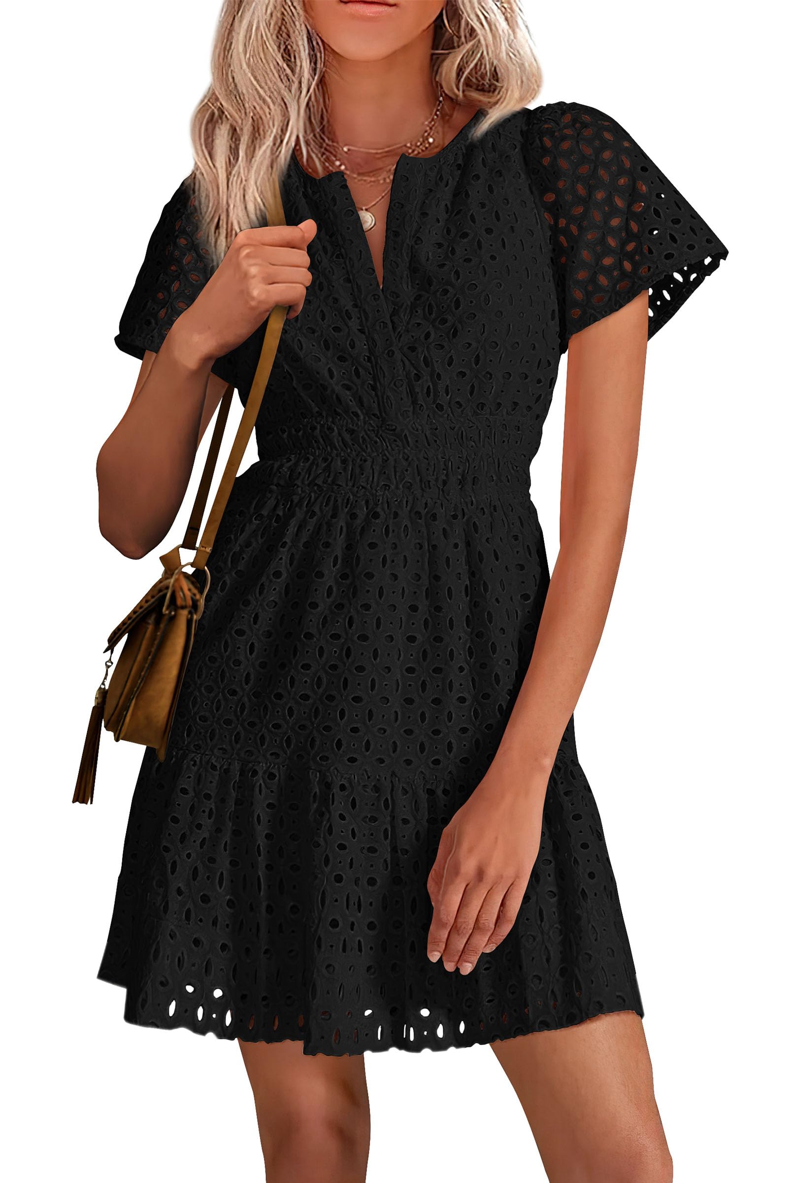 Women's Summer Eyelet Lace Short Dresses (Black,S)
