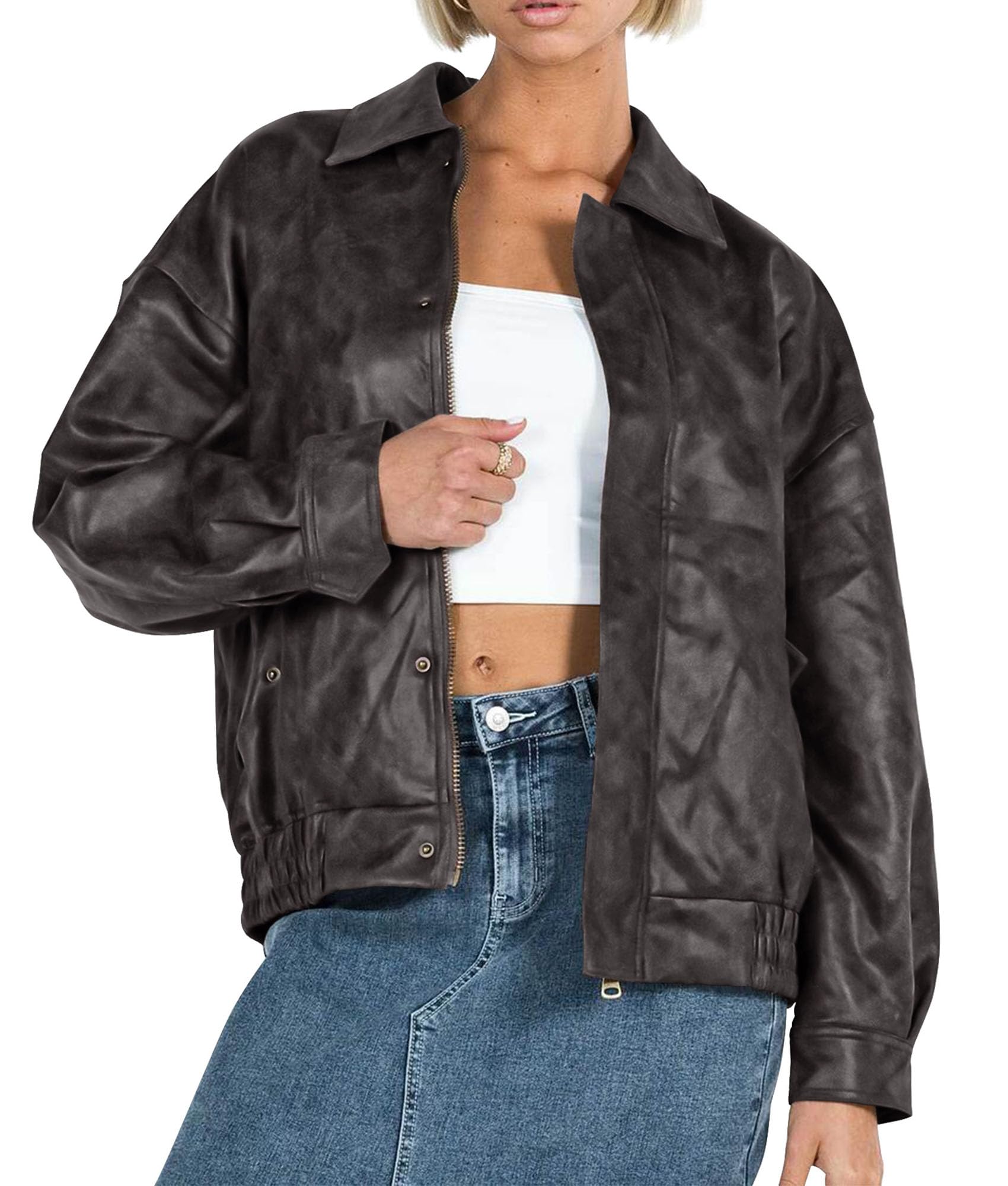 Women's Faux Leather Motorcycle Jackets Style2-Black Grey,S
