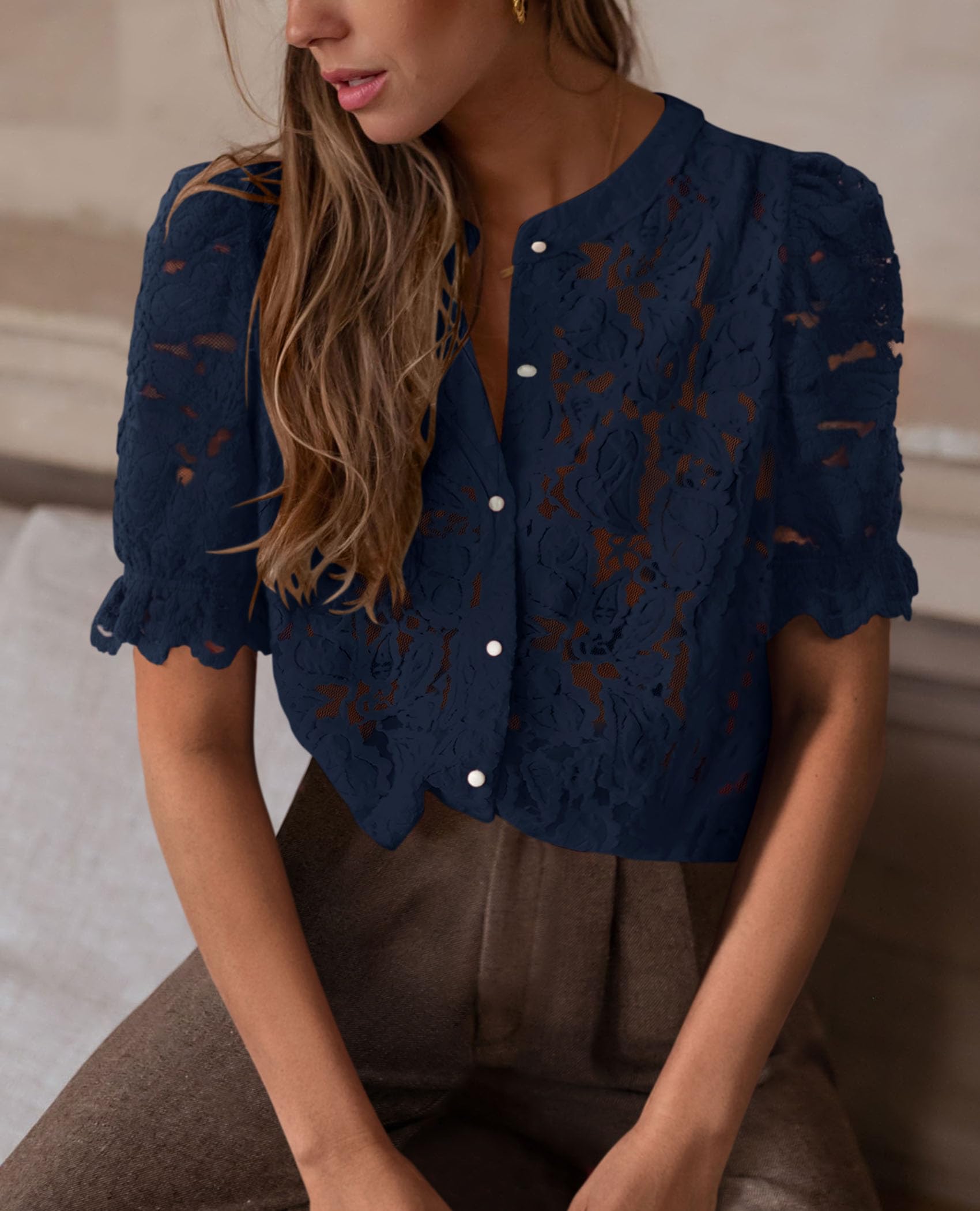 Womens Lace Tops Button Down Short Sleeve Shirts,Navy,S