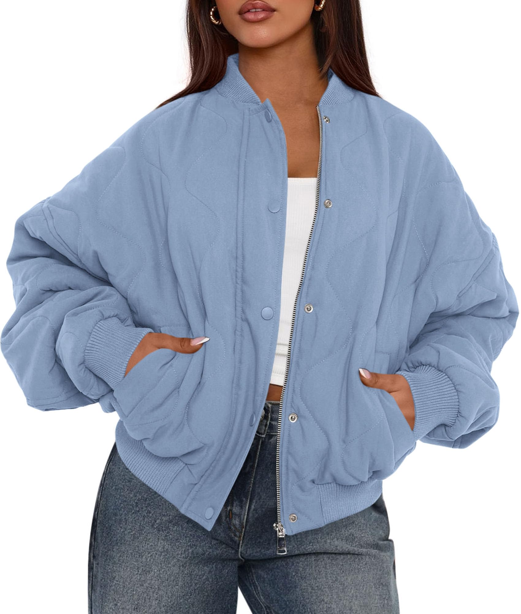 Women's Quilted Bomber Jacket Fall Fashion 2026 Lightweight Cropped Zip up Outerwear Winter Puffer Coats Pockets (Light Blue,Small)