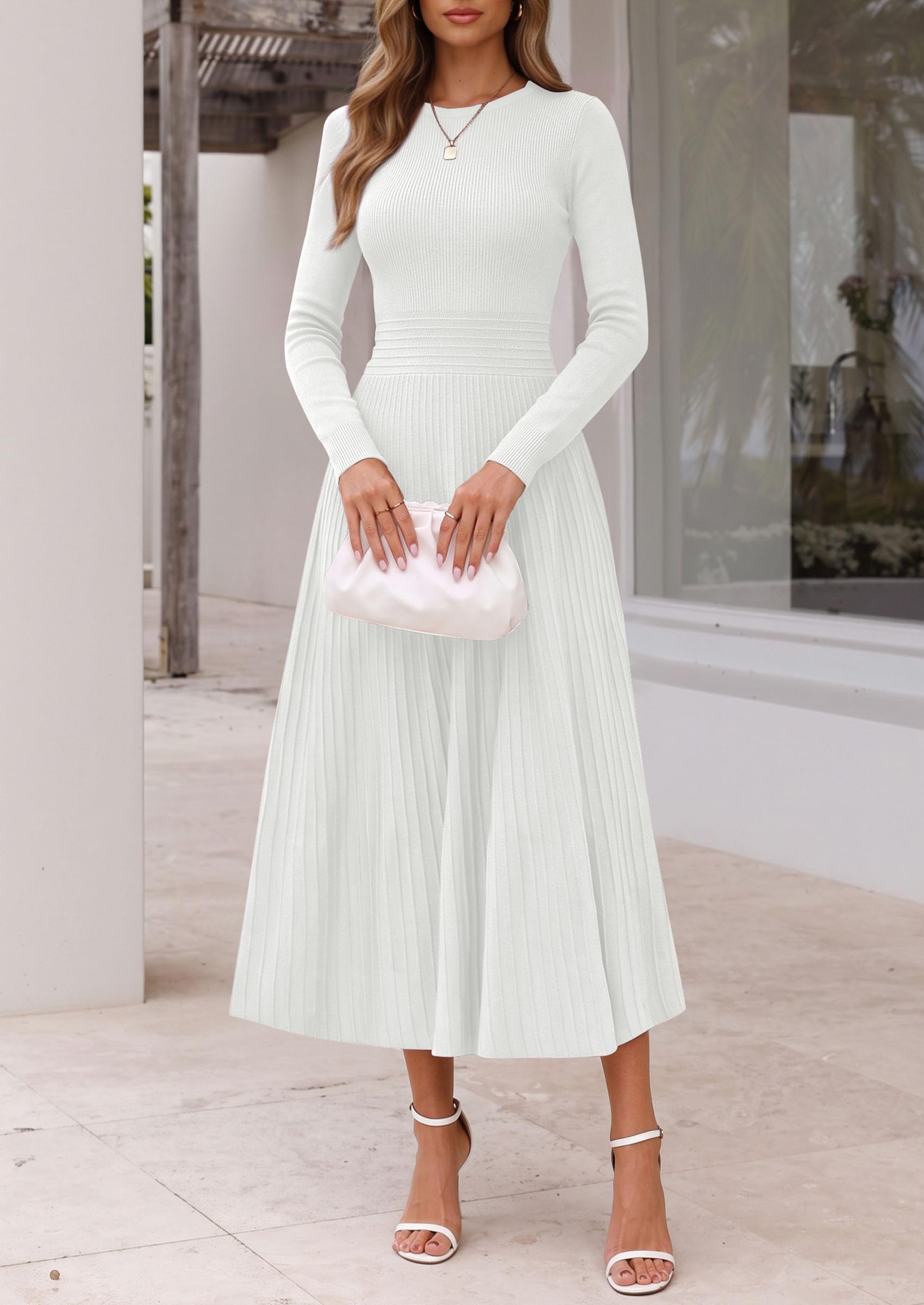 Women's Long Sleeve Knit Maxi Sweater Dress,White,S