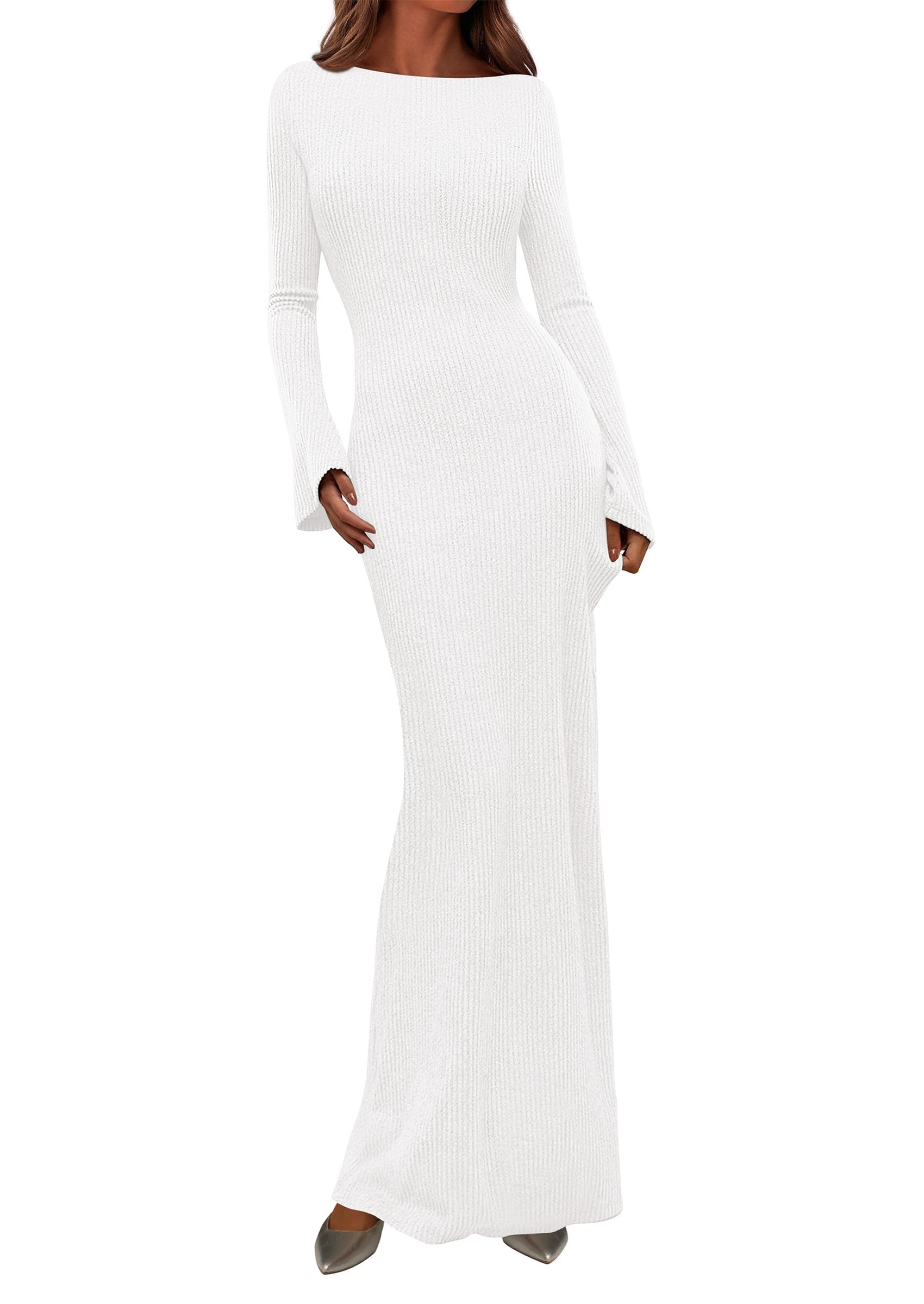 Women's Fall Long Sleeve Bodycon Maxi Dresses (White,M)