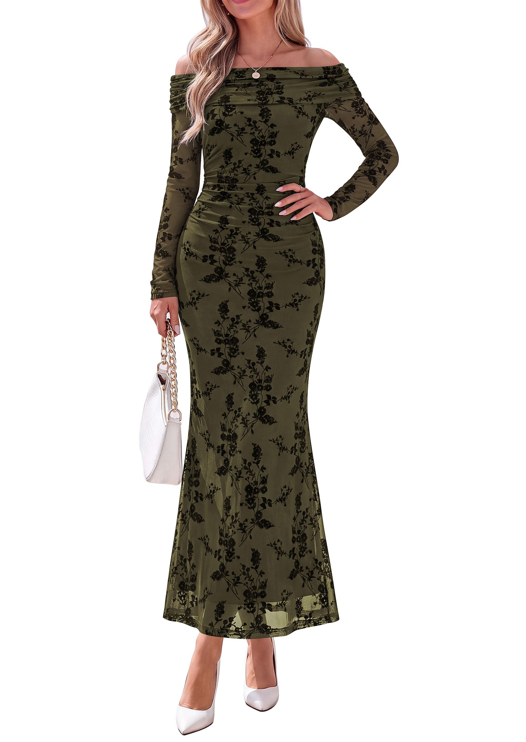 Womens Fall Off Shoulder Floral Maxi Wedding Guest Dress