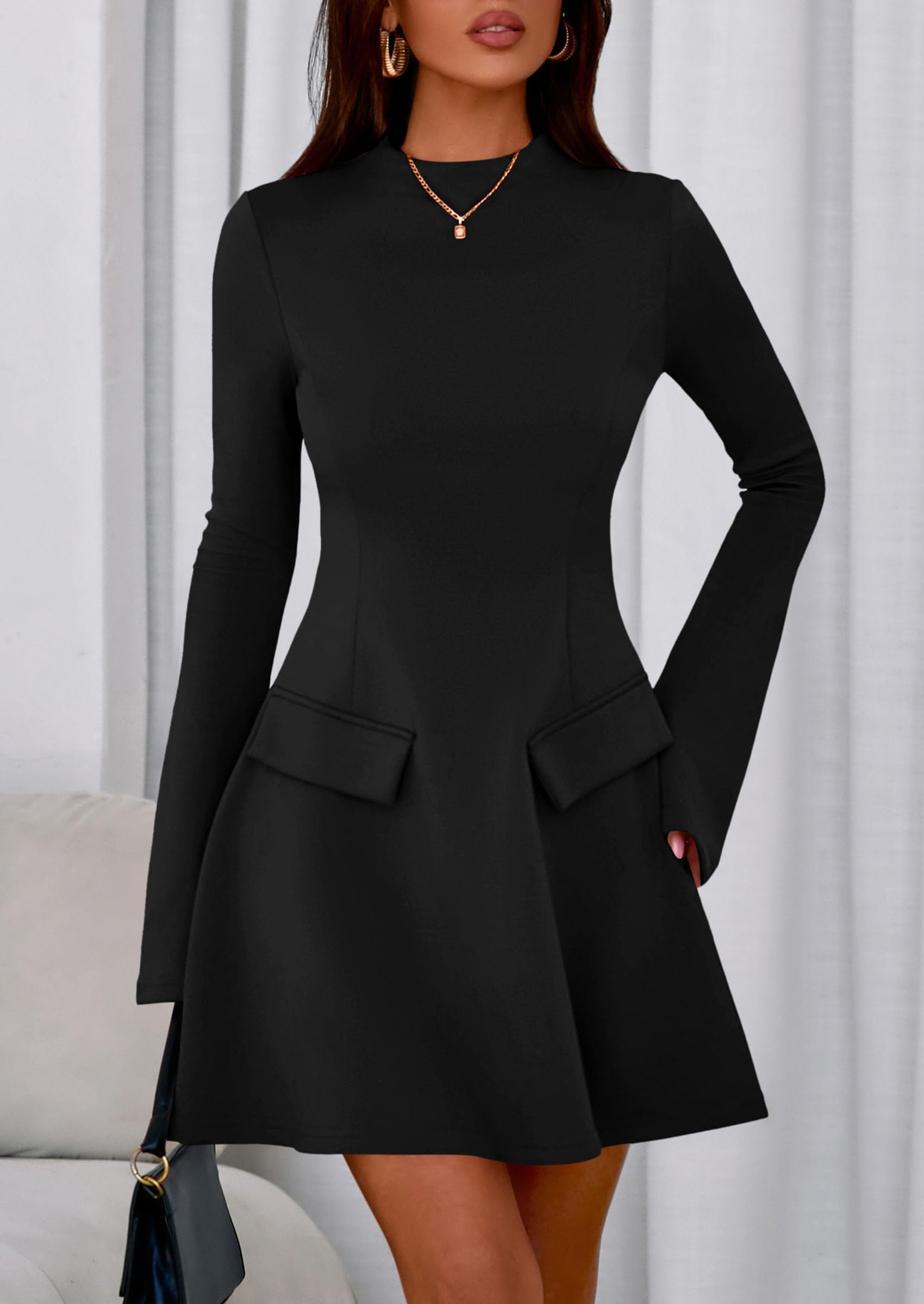 Women's Fall Bell Sleeve Short Dress,Black,XS