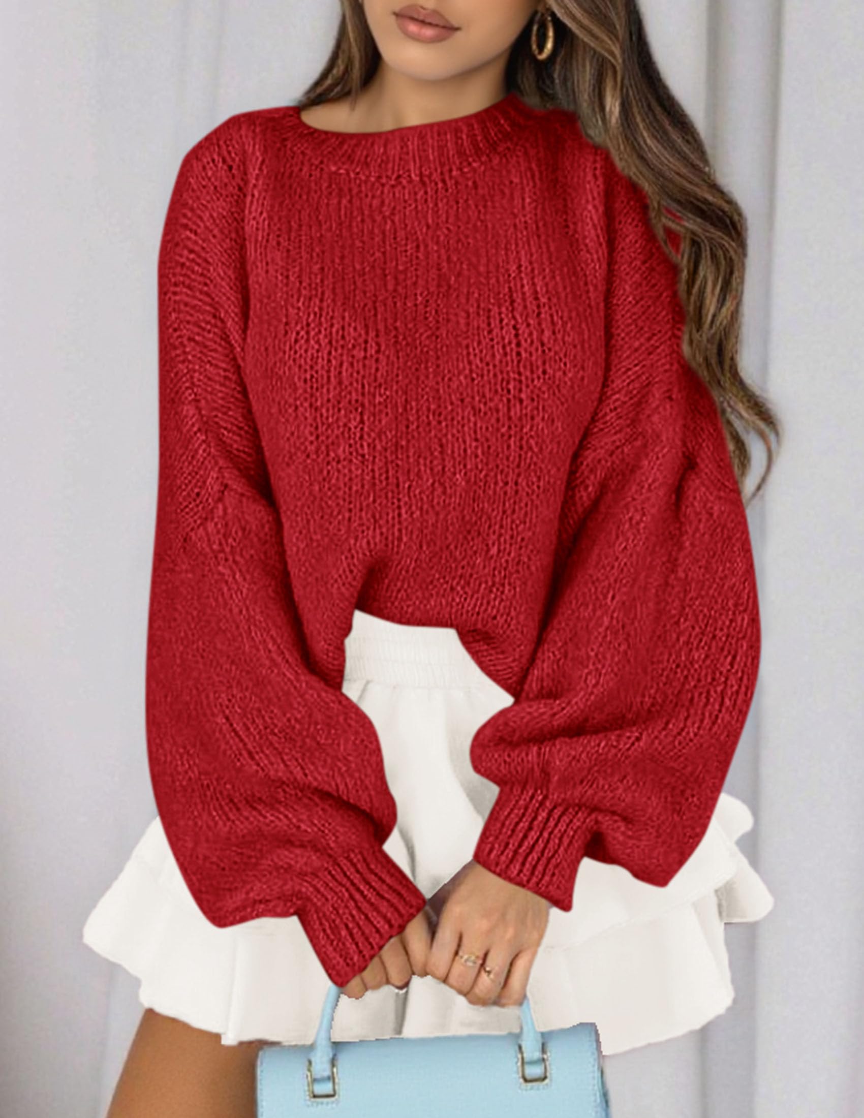 Women's Chunky Knit Oversized Pullover Sweaters,Red,S