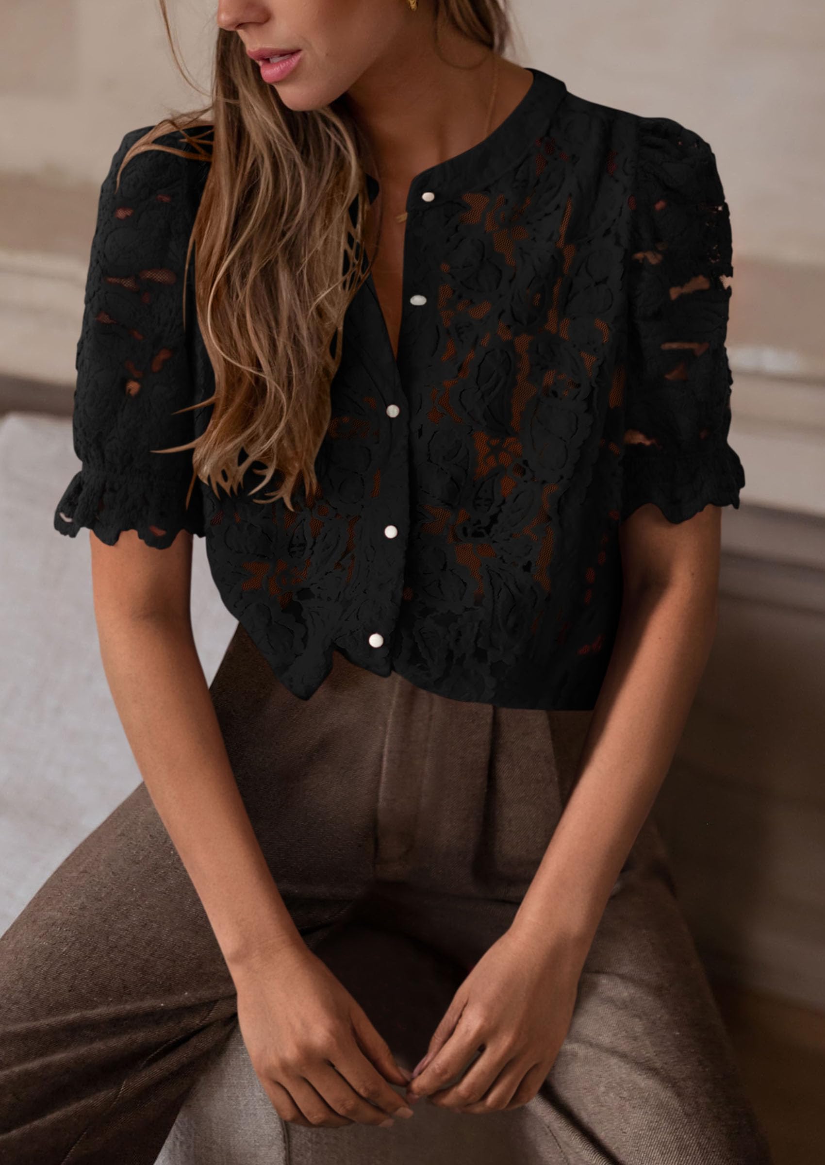Womens Lace Tops Button Down Short Sleeve Shirts,Black,S