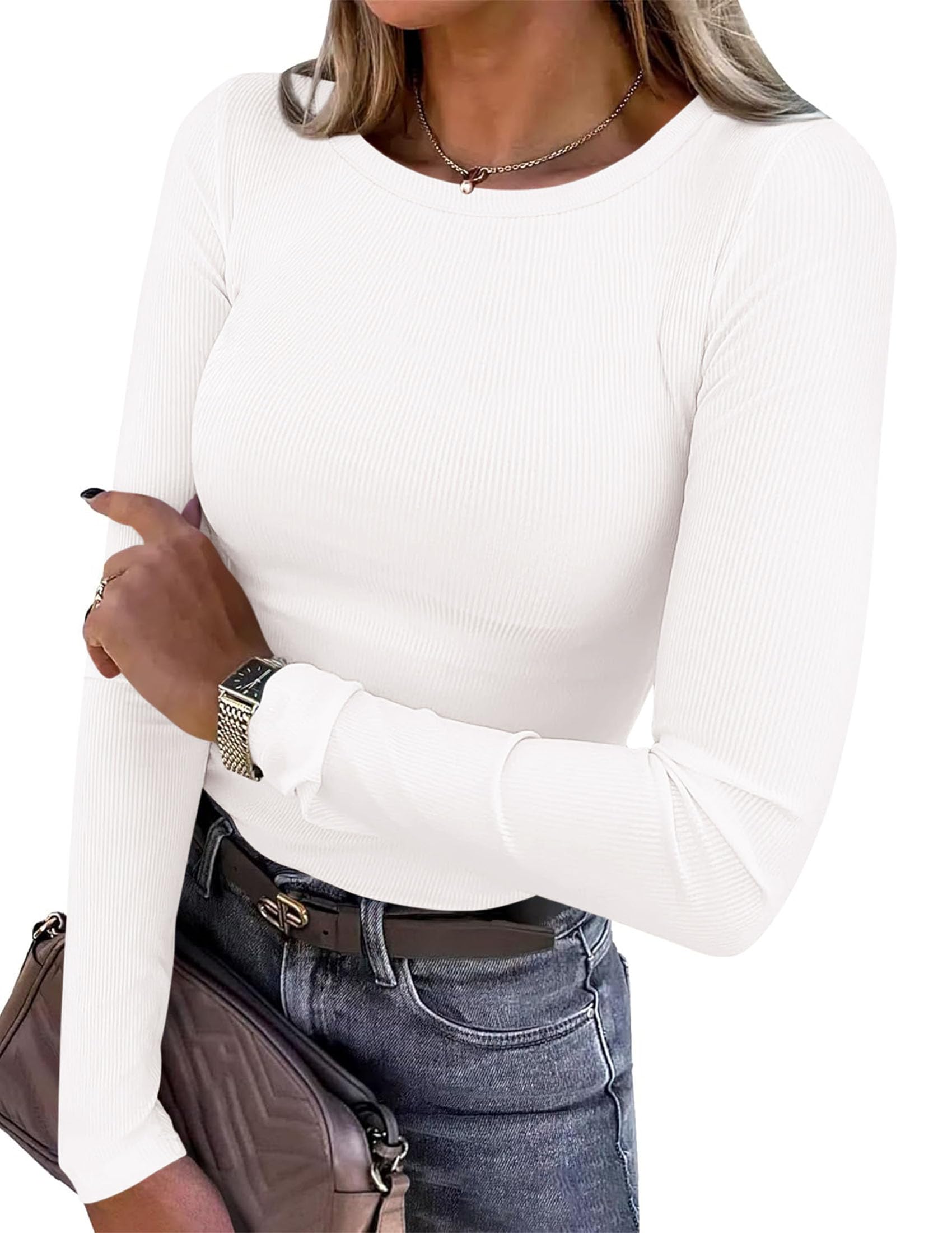 Women's Fall Long Sleeve Shirts Basic Tees (White,M)