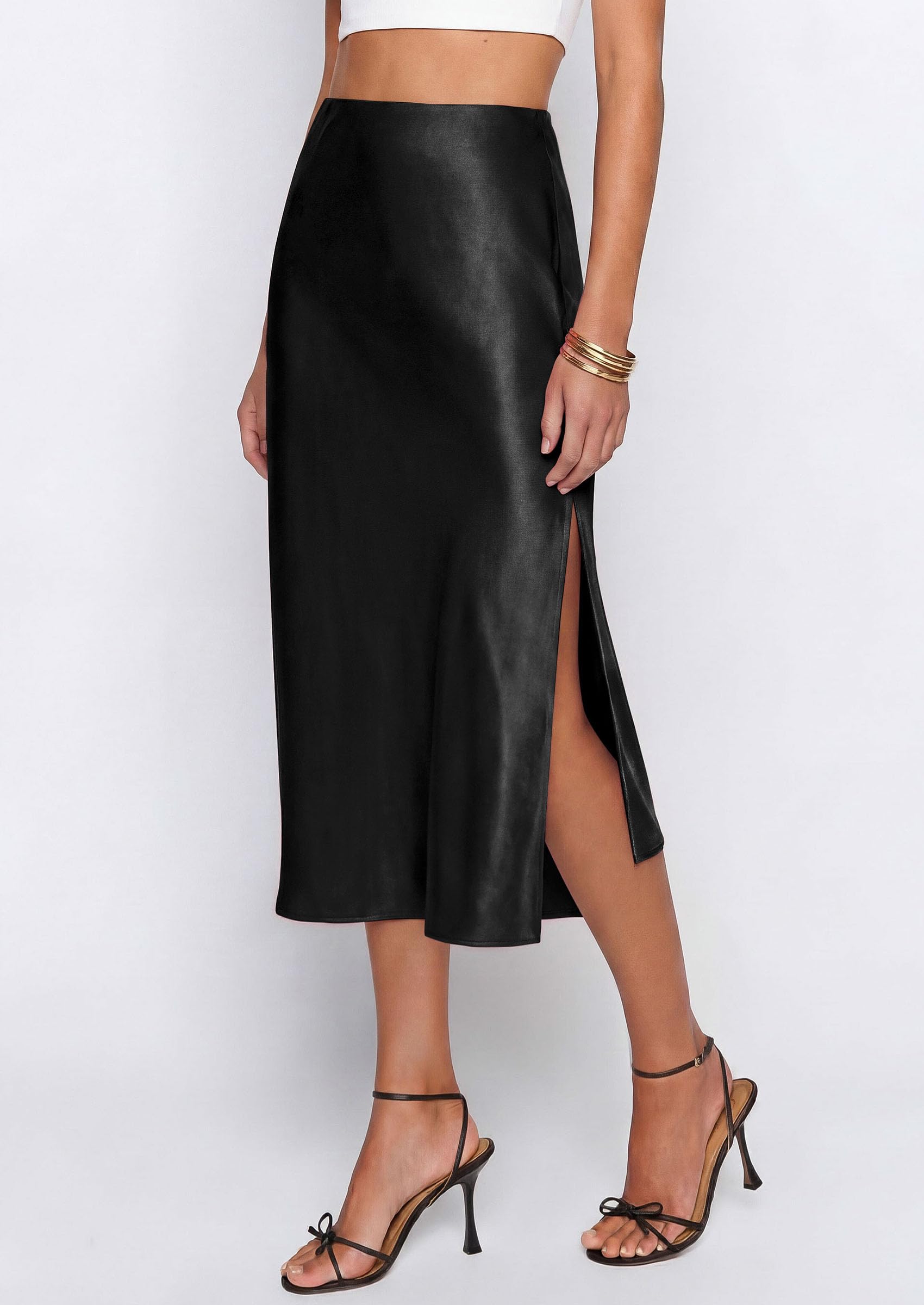 Womens Satin Skirt Silk Slip Midi Work Skirts, Black, S