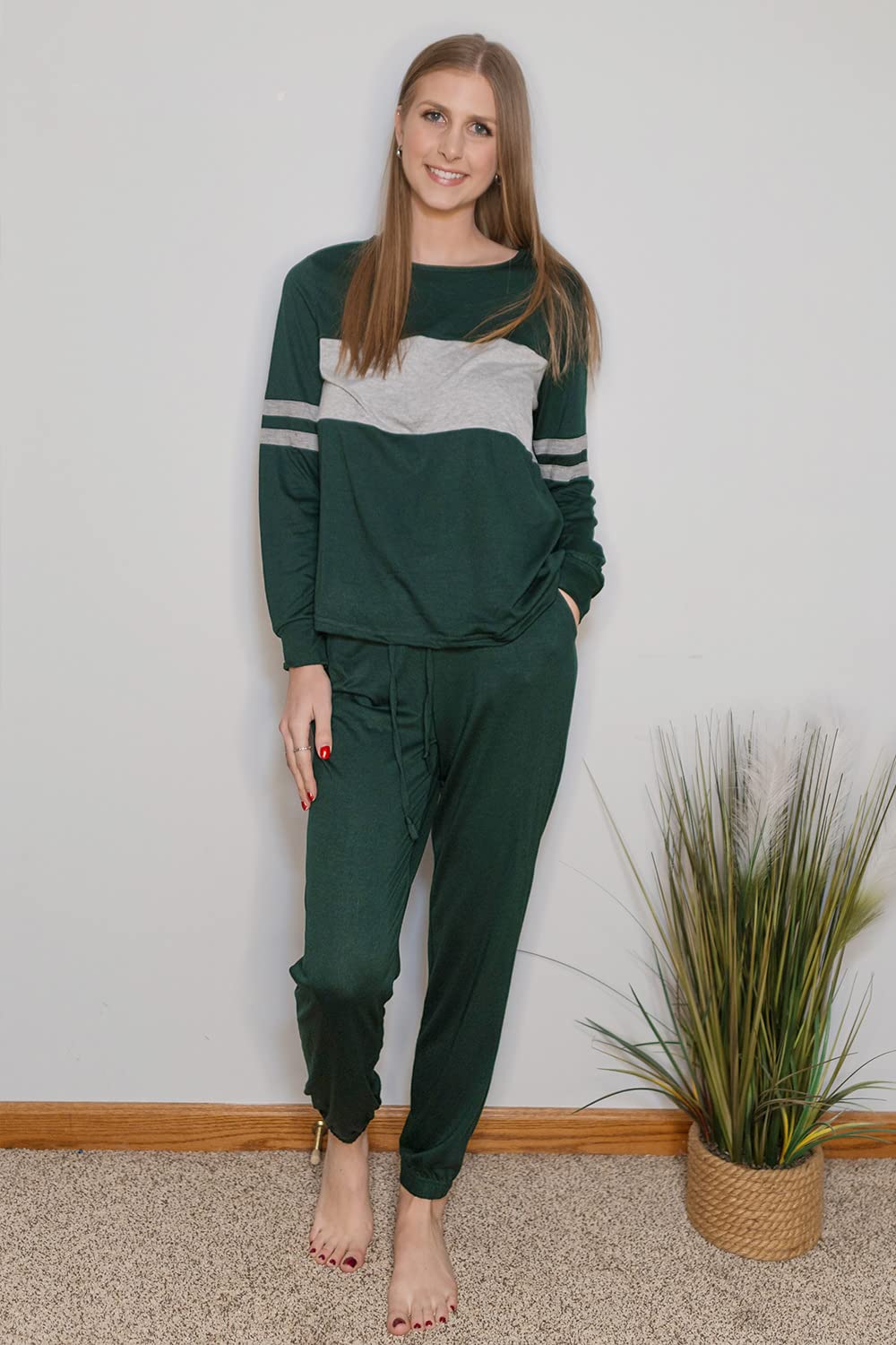 Women Color Block 2 Piece Sets Tracksuit,Dark Green,S