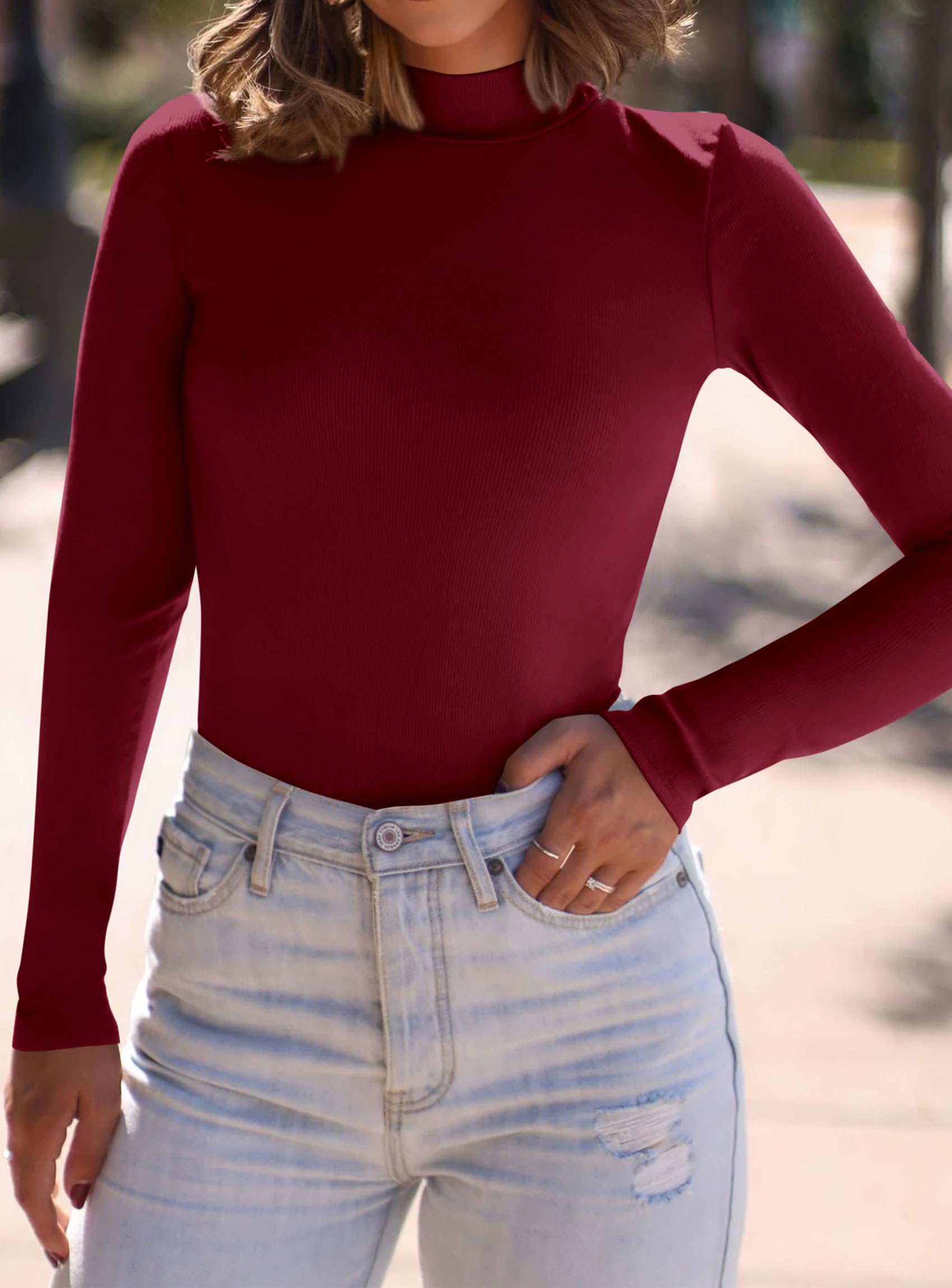 Womens Mock Turtleneck Fall Long Sleeve Shirts,Wine Red,XS
