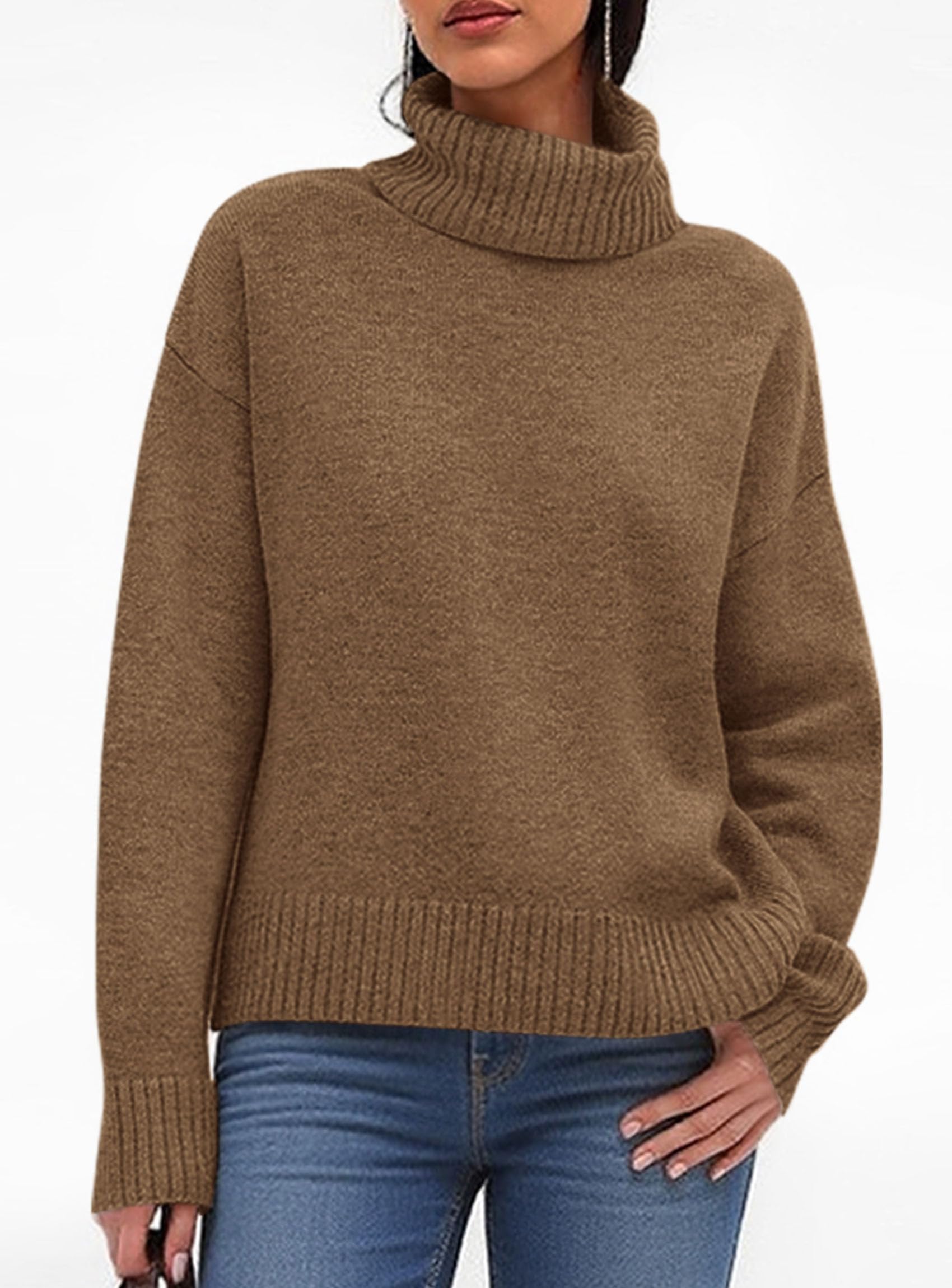Womens Turtleneck Long Sleeve Knit Sweater,Light Brown,S