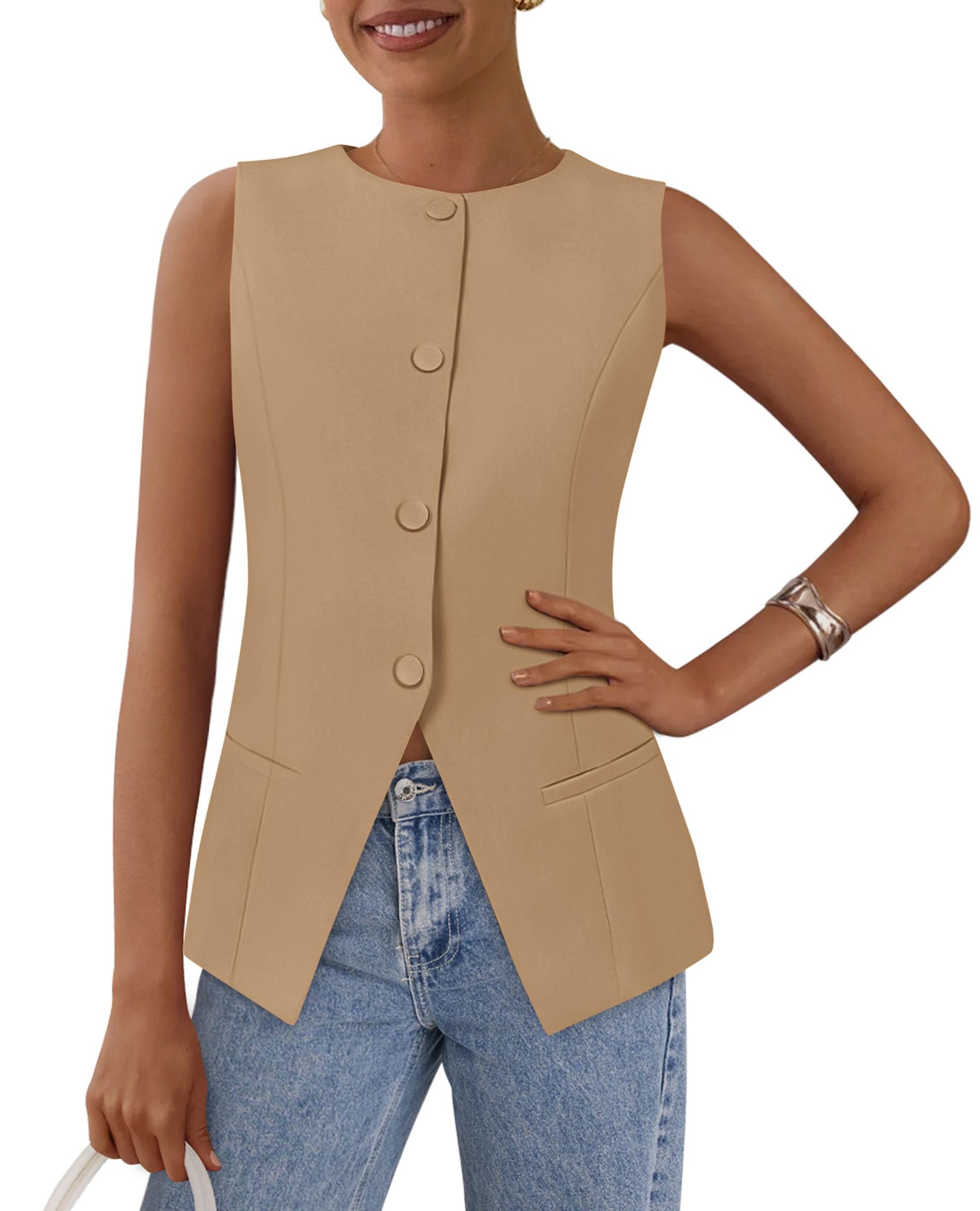 Women Tailored Suit Vest Business Casual Tops, Light Khaki,S