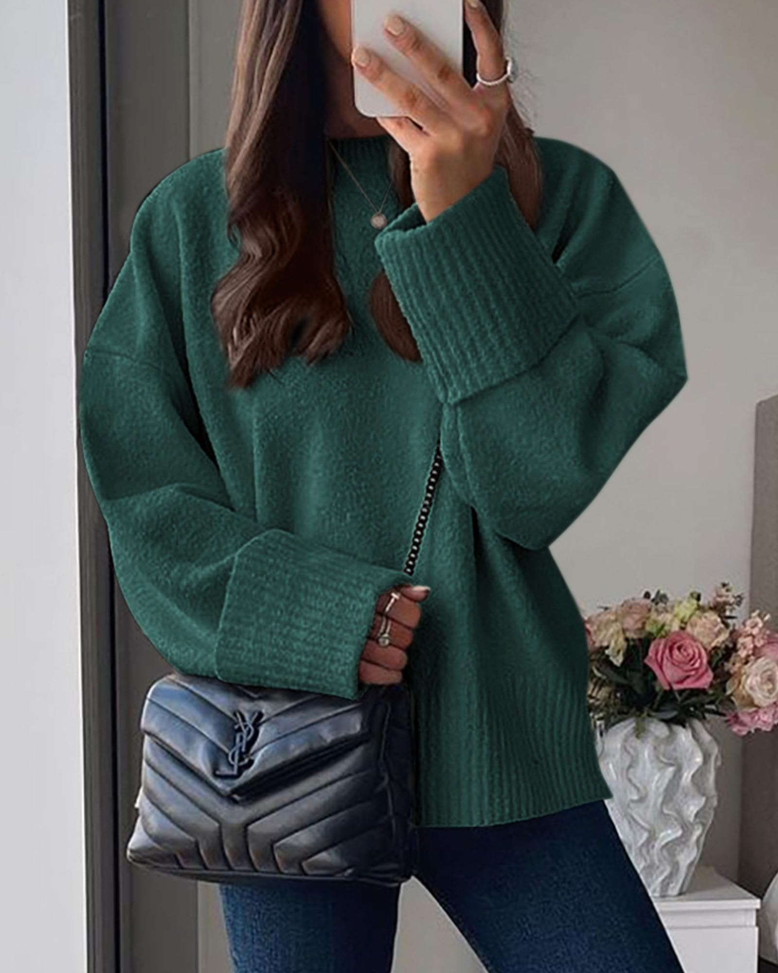 Women's Fall Fashion Cozy Oversized Sweaters(Dark Green,XS)