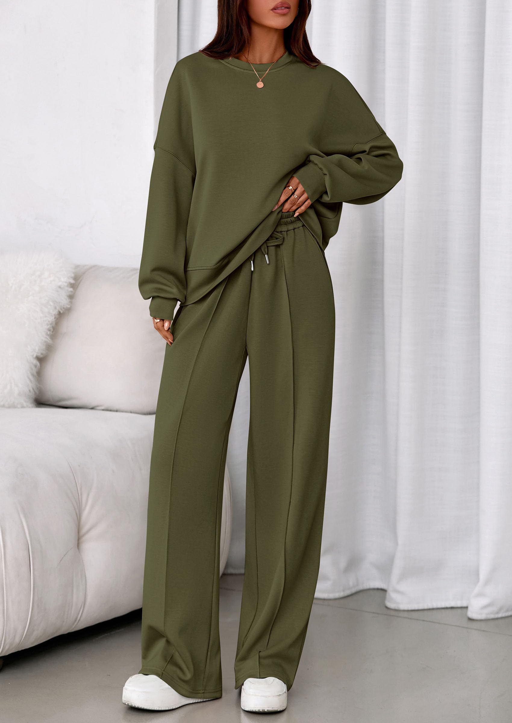 Womens Long Sleeve Sweatshirt 2 Piece Sets,Army Green,S