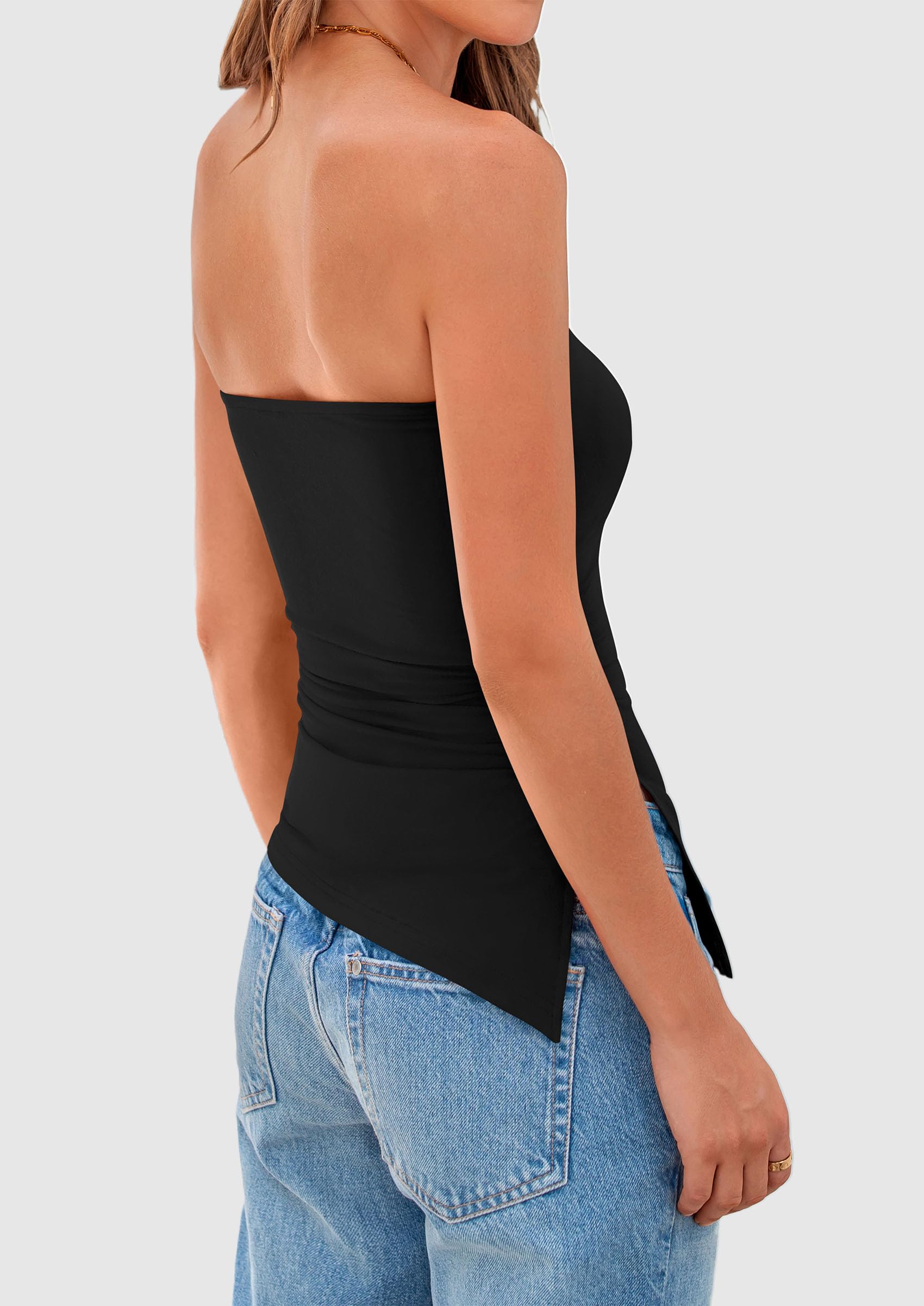 Women's Ruched Asymmetrical Strapless Tube Top, Black,S