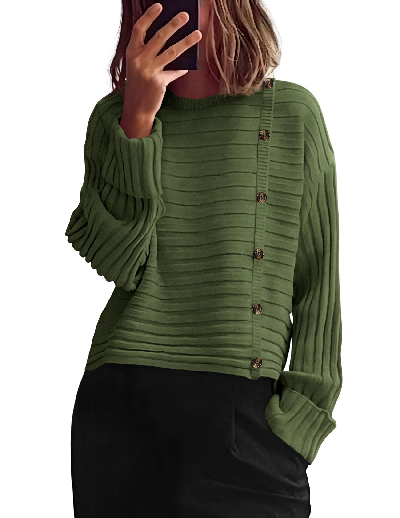 Womens Asymmetric Button Long Sleeve Sweater,Light Green,S