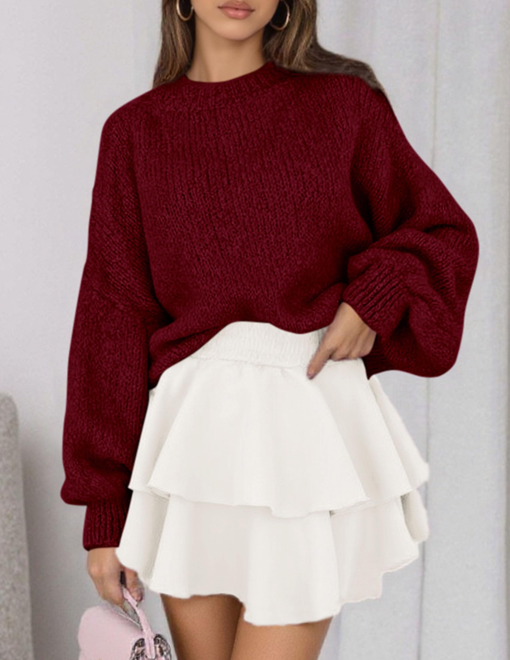 Women's Chunky Knit Oversized Pullover Sweaters,Burgundy,S