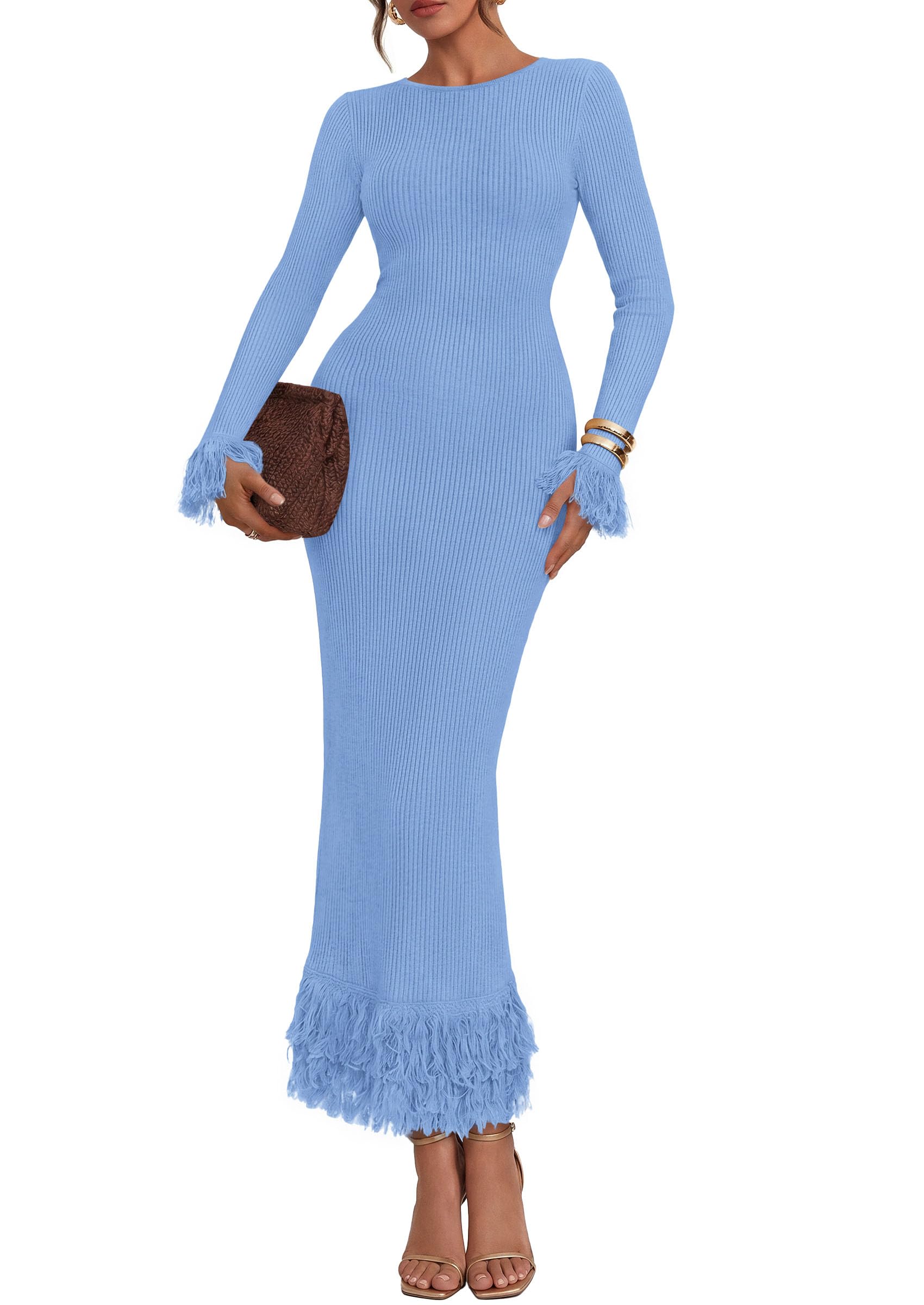 Womens Long Sleeve Bodycon Sweater Dress,Light Blue,Small